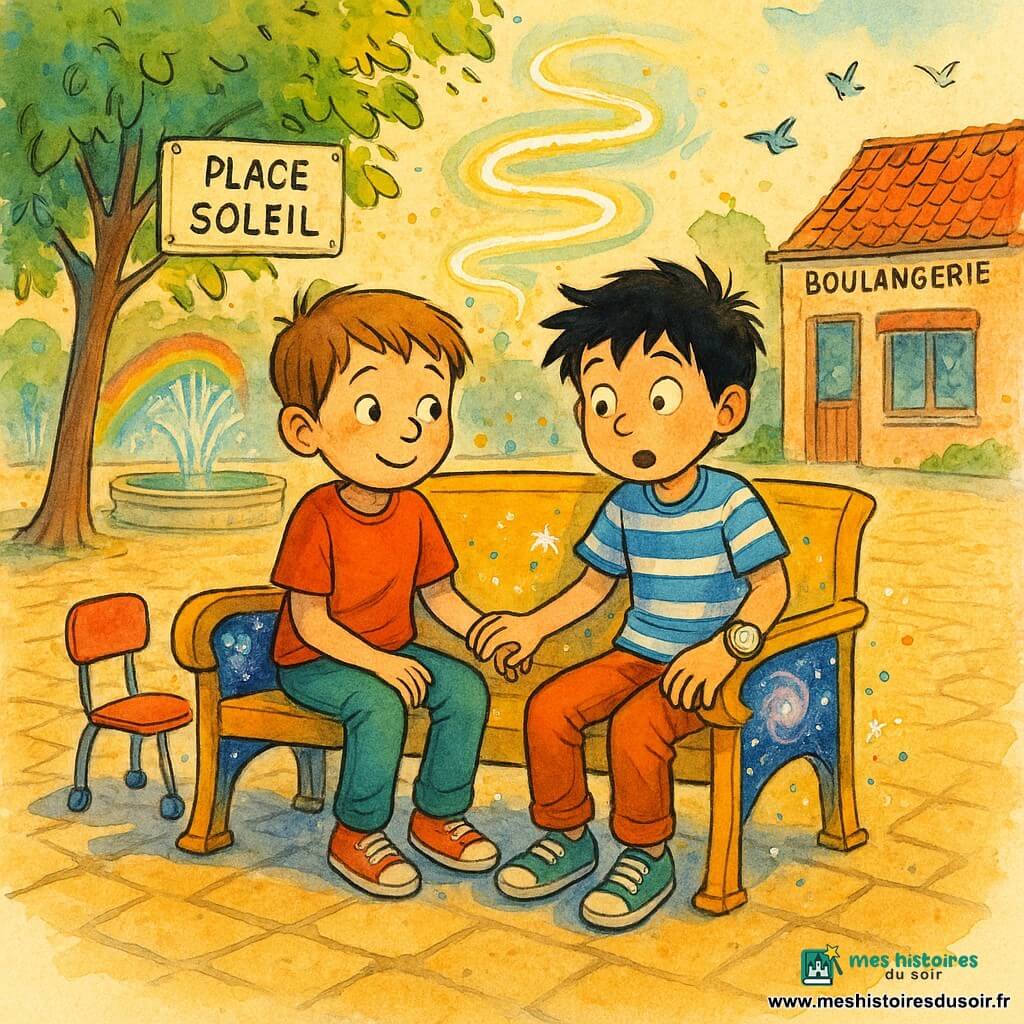 Deux garçons d'environ 8 ans sont assis côte à côte sur un banc doré au centre de la place Soleil : Léo, châtain court, à gauche avec une petite chaise rouge à roulettes à côté de lui, sourit timidement en tenant la main de Sami ; Sami, cheveux noirs en bataille, à droite, porte une montre ronde brillante et regarde le banc avec étonnement. Autour, pavés clairs, une grande fontaine projetant des mini‑arc‑en‑ciel, un tilleul au coin gauche, une boulangerie au toit de tuiles rouges en arrière‑plan, quelques pigeons figés en vol et des ombres douces au sol. Le banc, orné de motifs de galaxies bleues et violettes sur les accoudoirs, émet une douce lumière et des étincelles ; le décor s'estompe en voile flou avec un léger tourbillon lumineux au‑dessus, suggérant un voyage dans le temps. Le style est encre colorée, traits clairs, couleurs vives et texture de papier visible.