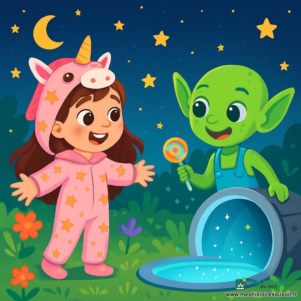 Une petite fille de six ans, avec de longs cheveux bruns et des yeux curieux, porte un pyjama licorne rose avec des étoiles dorées. Elle se tient debout dans son jardin, les bras écartés, le visage illuminé par l'émerveillement. À côté d'elle, un petit extraterrestre vert, avec de grandes oreilles pointues et un sourire éclatant, porte une salopette brillante et tient une sucette multicolore. Le jardin est rempli de fleurs colorées, d'herbe verte et d'un ciel étoilé où une porte ronde s'ouvre dans le sol, laissant échapper une lumière bleue scintillante. Léa, émerveillée, s'approche de la porte magique, tandis que Zouzou, l'extraterrestre, l'invite joyeusement à entrer dans sa soucoupe, créant une atmosphère de magie et d'aventure.