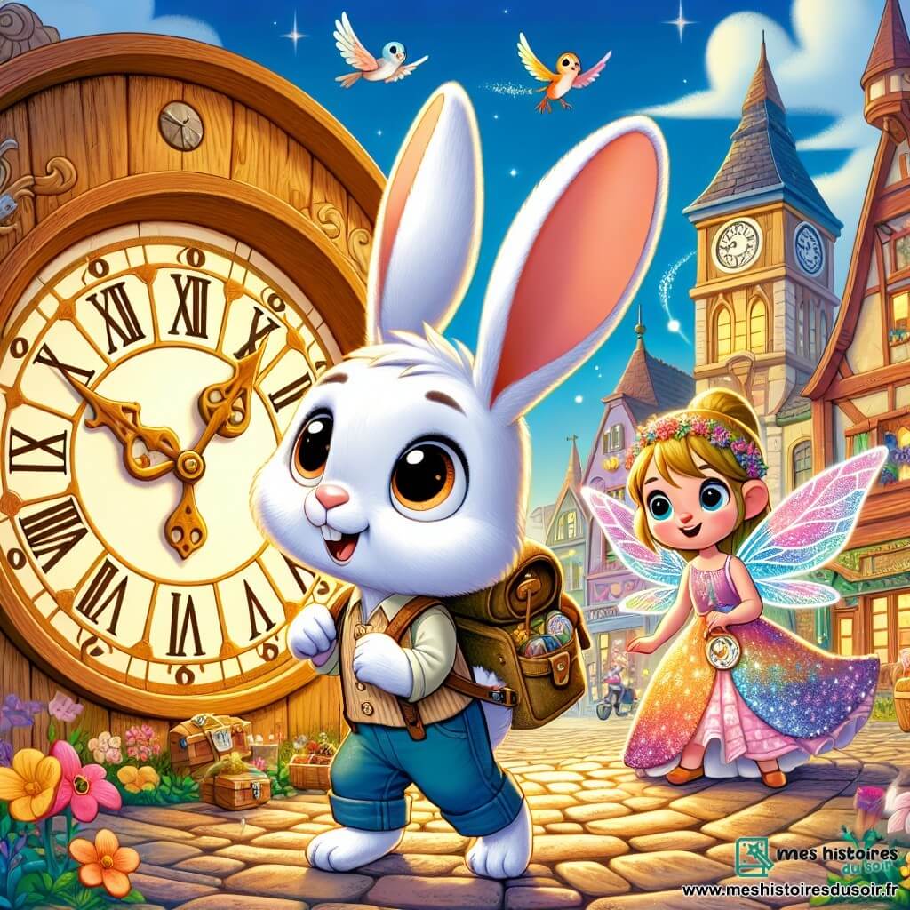 Léo, un petit lapin blanc aux grandes oreilles et aux yeux curieux, se tient devant une horloge géante en bois, son visage exprimant excitation et détermination. Il porte un sac à dos rempli de trésors et regarde l'horloge arrêtée. À ses côtés, une fée aux ailes scintillantes, vêtue de pétales de fleurs colorées, sourit avec gratitude et lève sa baguette magique, prête à réveiller la magie de la ville. Le décor est une place animée avec des bâtiments colorés et des fleurs entre les pavés, sous un ciel bleu parsemé de nuages. Léo et la fée s'apprêtent à relancer l'horloge magique, apportant lumière et vie à la ville endormie.