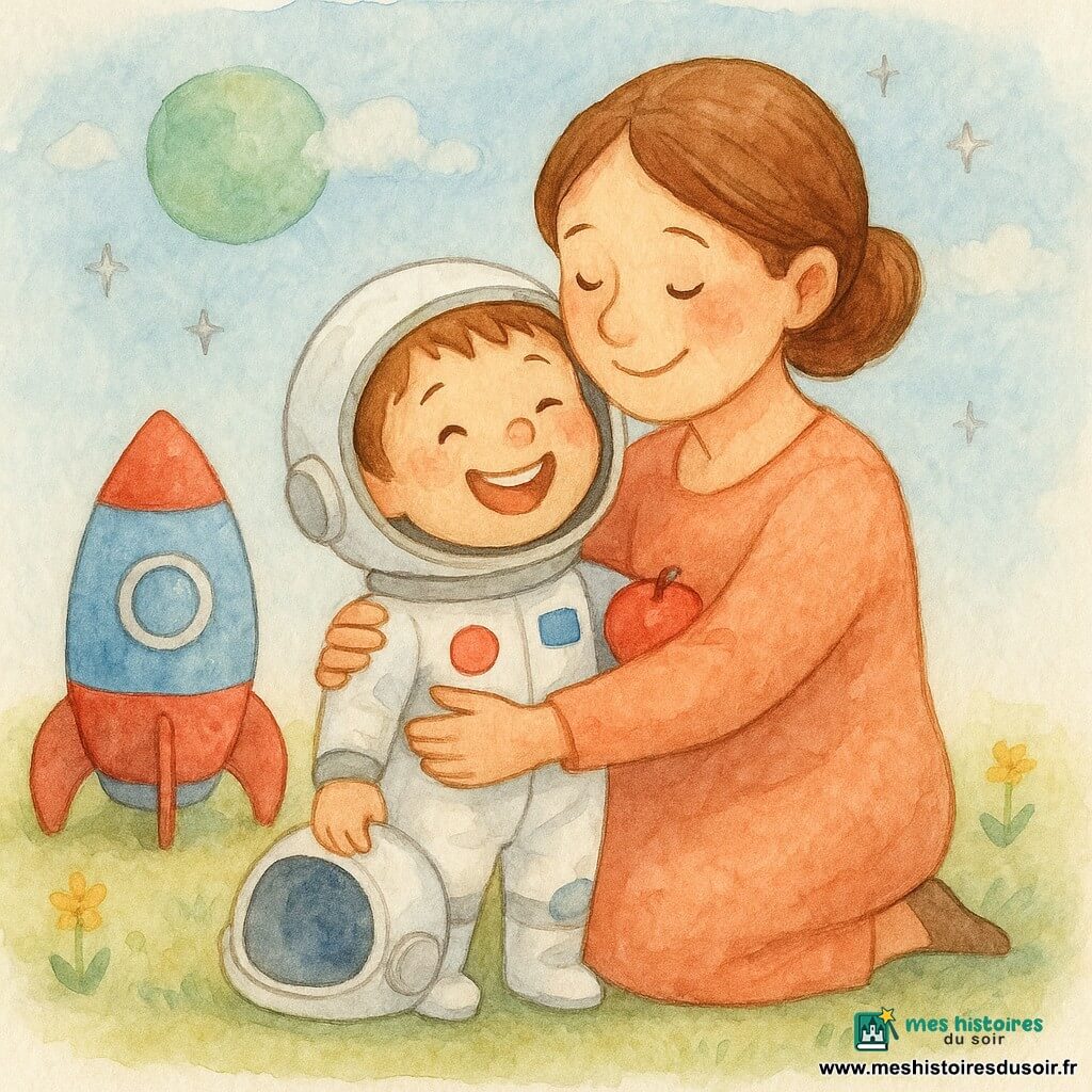 Léo, un garçon souriant en petite combinaison spatiale blanche tenant une petite pomme rouge, casque posé à côté de lui, saute dans les bras de sa maman d’une trentaine d’années aux cheveux bruns attachés et au visage chaleureux, debout près d’une fusée petite et arrondie rouge et bleue sur un champ herbeux parsemé de fleurs jaunes ; ciel bleu pâle, nuages doux, planète verte ronde à l’horizon et étoiles argentées scintillantes ; scène d’atterrissage tendre et rassurante, gestes calmes, palette aquarelle pastel, contours légers et texture papier visible.