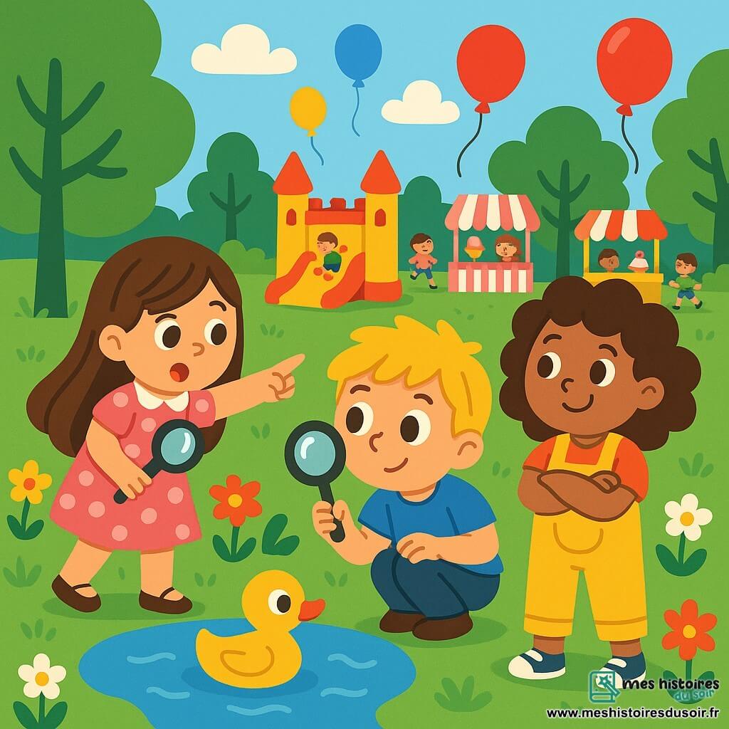 Trois enfants mènent une enquête dans un parc coloré. Léa, 8 ans, avec des cheveux bruns et une robe rose à pois, pointe un canard en plastique sur l'étang. Maxime, 7 ans, cheveux blonds et t-shirt bleu, est accroupi et observe le canard. Zoé, 6 ans, avec des cheveux bouclés et une salopette jaune, sourit à côté de Maxime, prête à résoudre le mystère. Le parc est animé avec des arbres verts, des fleurs multicolores et des ballons dans le ciel bleu. Au loin, un château gonflable et des enfants jouent autour des stands de glaces. Les enfants cherchent des indices pour retrouver un ballon rouge qui s'est envolé, dans une ambiance de curiosité et d'aventure.