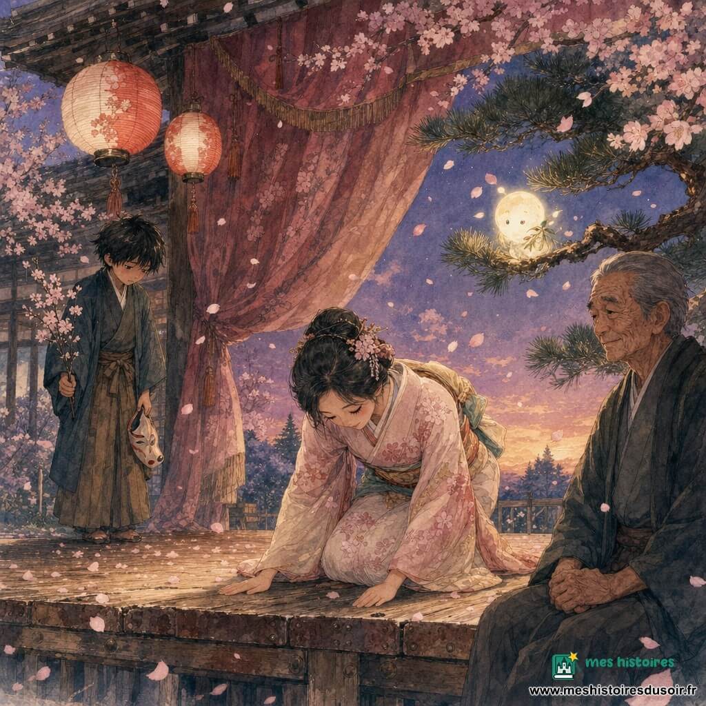 Aiko, visage doux et regard humble, sourit à peine et s’incline profondément sur une vieille scène kabuki en bois, main sur une planche usée, vêtue d’un kimono pastel à motifs de sakura ; un petit esprit kami sphérique et lumineux aux reflets de lune et de feuille observe depuis une branche de pin à droite tandis que des pétales roses tombent ; un garçon d’environ neuf ans aux cheveux noirs en désordre, masque en papier dans la main gauche et expression repentante, se tient légèrement en retrait à gauche en offrant une branche de sakura ; un homme âgé d’environ 70 ans, visage ridé et regard bienveillant, est assis au premier rang à droite, mains jointes sur les genoux ; la scène, rideau frangé à moitié tiré, lanternes en papier rouge et blanc suspendues, pins sombres et cerisiers en fleurs en arrière-plan, tapis de pétales sur le sol, se déroule au crépuscule lors d’une première représentation où la révérence solennelle d’Aiko cherche à réparer un malentendu, la lumière des lanternes éclairant doucement les visages dans une palette aquarelle de rose, beige, vert profond et touches d’or.