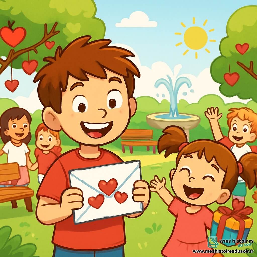 Un garçon de 10 ans, Valentin, avec des cheveux en bataille et un grand sourire, tient une enveloppe décorée de cœurs scintillants, débordant d'excitation. À ses côtés, sa petite sœur Zoé, 5 ans, avec des couettes et des yeux pétillants, saute de joie en tenant une boîte surprise colorée. Le parc est verdoyant, avec des arbres ornés de cœurs en papier, des bancs en bois et une fontaine scintillante. Valentin, entouré de ses camarades de classe, s'apprête à lancer une chasse au trésor d'amitié, tandis que les enfants, habillés de rouge, de blanc et de rose, sont impatients de découvrir les surprises cachées.