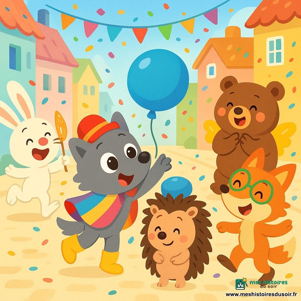 Petit loup gris au chapeau rouge, cape multicolore et bottes jaunes tend la patte vers un ballon bleu; lapin blanc aux longues oreilles rit en tenant un masque à gauche; ours brun dodu aux ailes jaunes applaudit à droite; renard roux aux lunettes vertes danse en tournant; hérisson brun reçoit le ballon sur la tête au centre. Rue de carnaval large et colorée, pavée claire, maisons pastel, guirlandes et confettis, fanfare en arrière-plan; ambiance joyeuse, lumières chaudes, formes simples, contours doux et palette vive adaptée aux tout-petits.