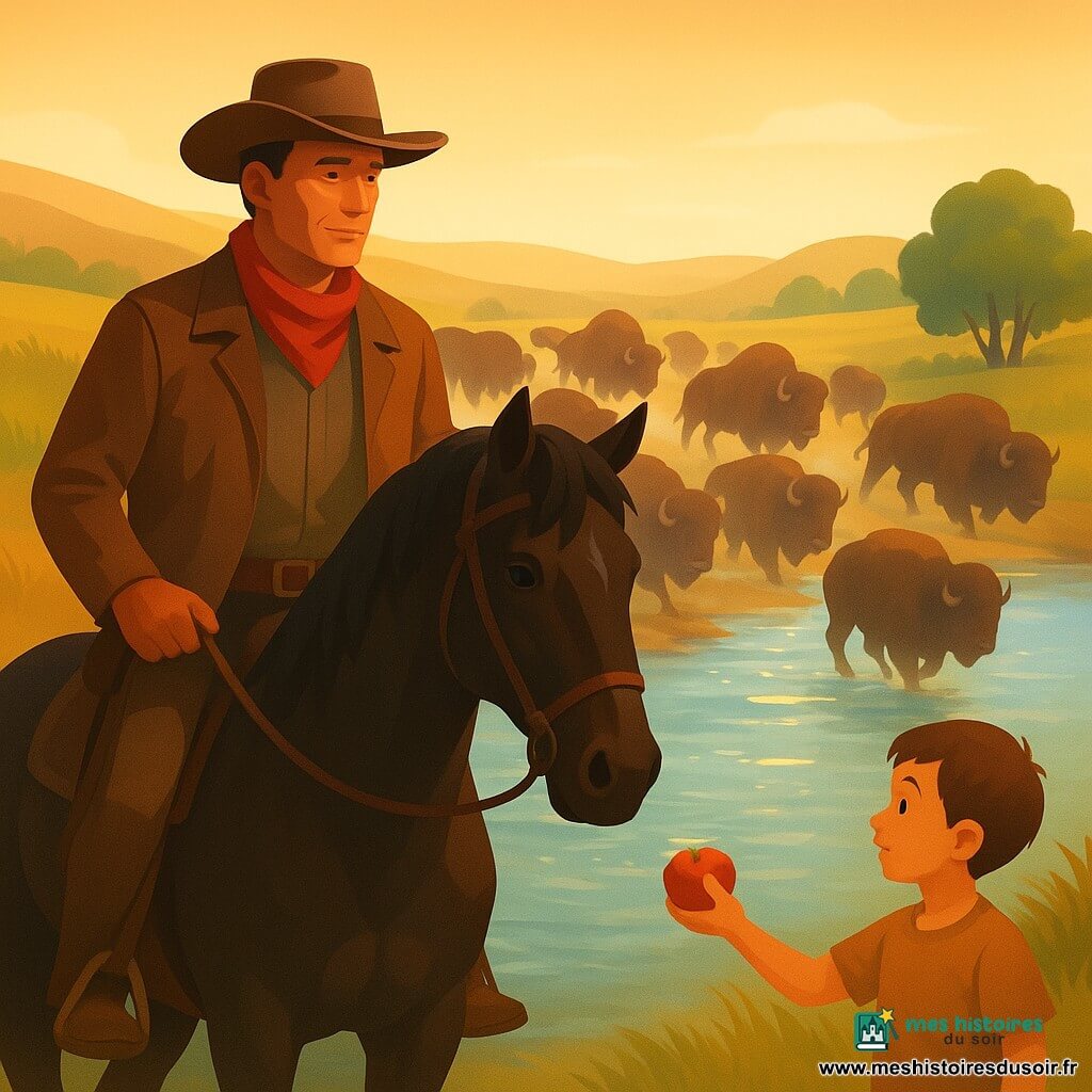 Un cow-boy d'environ cinquante ans, visage bronzé, calme et déterminé, chapeau de feutre brun, foulard rouge, veste en cuir usée et bottes poussiéreuses, tient la bride de son cheval sombre et guide une troupe de bisons au bord d'une rivière scintillante; un garçon d'environ huit ans, cheveux bruns courts, vêtements simples et regard émerveillé, se tient sur la berge droite en tenant timidement une moitié de pomme tendue vers le cow-boy; les bisons massifs au pelage brun foncé, certains dans l'eau, d'autres montant la rive et soulevant un peu de poussière; la rivière claire reflète la lumière argentée; vaste prairie ondulante sous un ciel doré de fin d'après-midi, herbes hautes blondes, collines basses et quelques saules sur la berge; scène dynamique et rassurante, lumière chaude et contrastes de bruns profonds, verts doux et or lumineux.