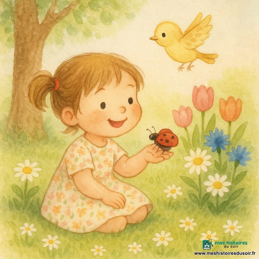 Une fillette de 4 ans aux couettes et au sourire émerveillé, en robe printanière à petites fleurs, est assise sur l'herbe verte et tend la main; une coccinelle rouge à points noirs se pose dessus tandis qu'un petit oiseau jaune pâle, Pipou, vole au-dessus des fleurs; le jardin aux tulipes roses, marguerites et bleuets, avec un grand arbre en arrière-plan, baigne dans une lumière douce de fin de matinée, atmosphère claire et joyeuse, couleurs pastel et touches d'aquarelle.