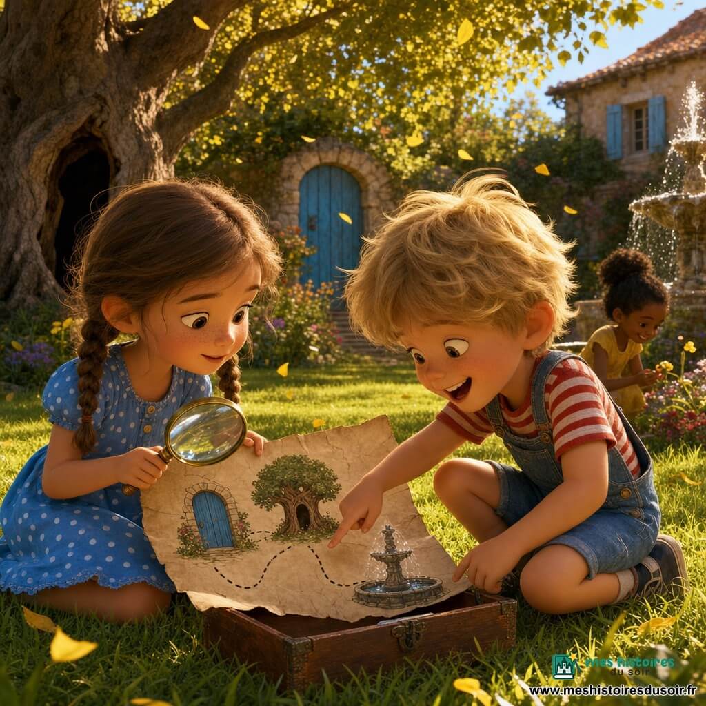 Deux enfants près de 6 ans, Lina (cheveux châtains en nattes, taches de rousseur, robe bleue à pois, loupe dans la main droite et carte froissée dans la gauche) à gauche et Malo (cheveux blonds en bataille, sourire, T‑shirt rayé rouge et blanc, salopette en jean) à droite, accroupi près d’une petite boîte en bois ouverte ; ils examinent une carte au trésor grossie par la loupe montrant trois repères — porte bleue, chêne creux, fontaine — dans un ancien jardin de maison de campagne (pelouse, muret de pierres, petite porte bleue, fontaine scintillante, feuilles jaunes, lumière chaude de fin d’après‑midi) avec une atmosphère d’aventure joyeuse, couleurs saturées et complicité visible.