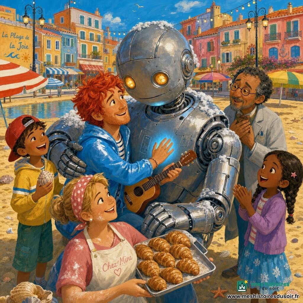 Léo, jeune homme souriant aux cheveux roux en bataille et blouson bleu ciel, tient une petite guitare en bois et émet une douce lumière bleue de la paume en caressant le torse d’un grand robot chromé, massif mais bienveillant, bras en demi-étreinte, yeux ambre et traces de panneaux et mousse de savon sur son métal ; autour d’eux, une fillette de six ans aux tresses brunes applaudit près du sable, un garçon de sept ans casquette rouge rit en tenant un coquillage à gauche, M. Polo, quinquagénaire lunettes rondes et blouse grise, les mains sur la poitrine, se tient derrière le cercle, et Mina, boulangère d’environ quarante ans au tablier poudré de farine, sourit en tenant un plateau de croissants ; décor : plage urbaine au cœur de la ville avec sable doré, coquillages, parasols colorés, bassin réfléchissant, façades vives, lampadaires décorés et guirlandes lumineuses ; ambiance chaleureuse, couleurs saturées, textures de peinture acrylique, traits doux et composition centrée et rassurante.