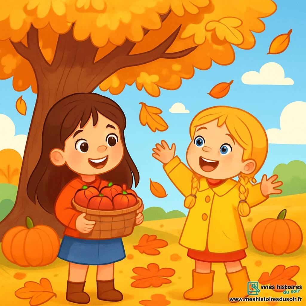 Il y a deux personnages principaux : Léa, une fille de 8 ans avec de longs cheveux bruns, des yeux pétillants, un pull orange et une jupe en jean, tenant un panier de pommes, et Emma, aussi âgée de 8 ans, avec des cheveux blonds en tresses, un manteau jaune et des bottes en caoutchouc, émerveillée par les feuilles tombantes. Elles se tiennent sous un grand chêne aux feuilles dorées, entourées de citrouilles oranges dans un champ. Le ciel est bleu avec des nuages blancs, et le sol est couvert de feuilles colorées. Les filles ramassent des feuilles, riant et admirant les couleurs de l'automne, tandis que le soleil filtre à travers les branches, créant une ambiance chaleureuse.