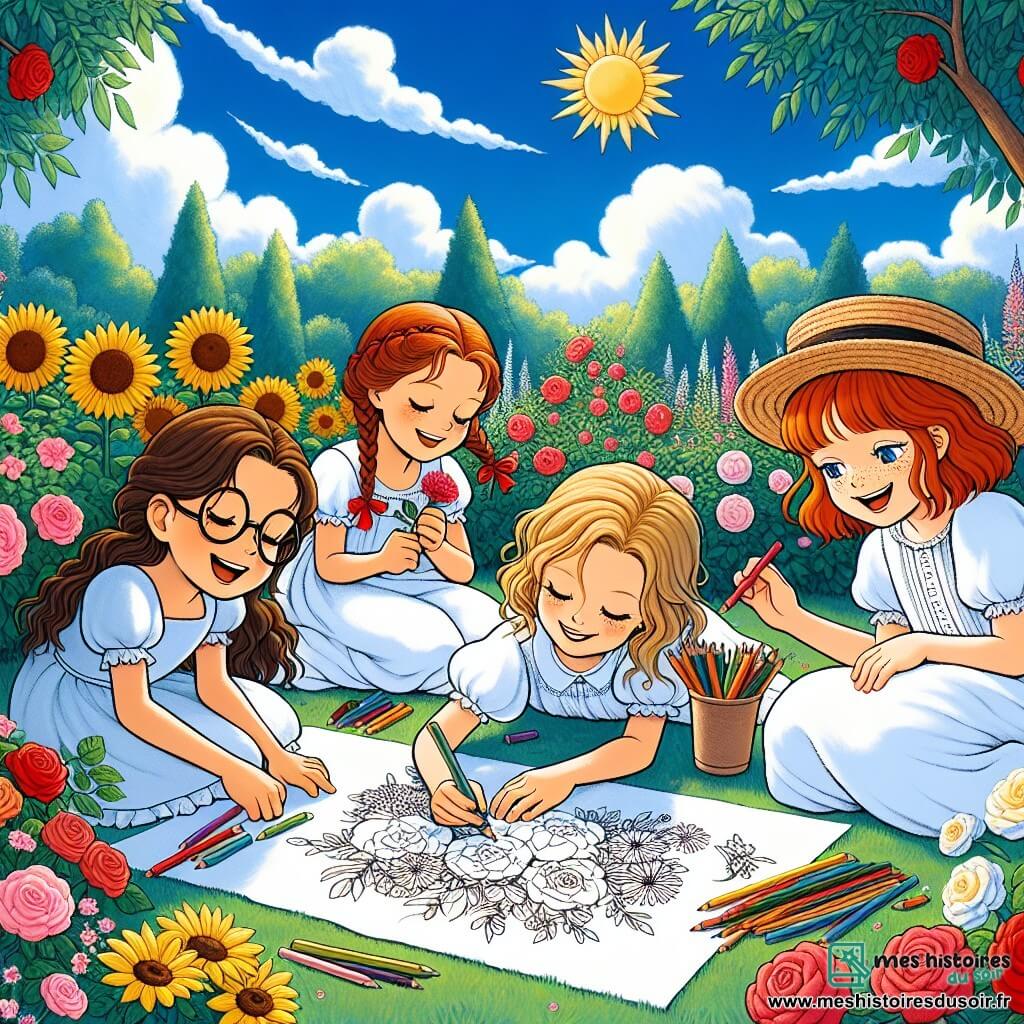 Dans un jardin ensoleillé, quatre filles sont réunies. Louise, 8 ans, avec des cheveux bruns et des lunettes, est assise sur une couverture à fleurs, tenant des crayons de couleur. À sa droite, Emma, 7 ans, avec des cheveux blonds et des nattes, dessine des fleurs. Chloé, 9 ans, aux cheveux roux et aux taches de rousseur, montre son dessin de rose. Zoé, 8 ans, avec des cheveux châtains et un chapeau de paille, se cache derrière un arbre en riant. Le jardin est rempli de fleurs colorées et un ciel bleu s'étend au-dessus d'elles. Les filles s'amusent à dessiner et à jouer, créant une atmosphère joyeuse et pleine de vie.