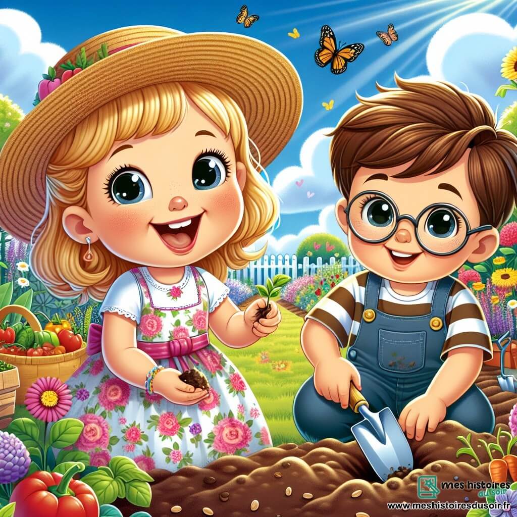 Au centre de l'image, Léa, une petite fille de 5 ans aux cheveux blonds et aux yeux pétillants, est accroupie dans un jardin coloré. Elle porte une robe à fleurs et un chapeau de paille, souriant en tenant une petite graine. À côté d'elle, Tom, un garçon de 6 ans aux cheveux bruns et lunettes rondes, creuse un trou dans la terre avec une petite pelle en plastique, concentré et enthousiaste. Le jardin est rempli de fleurs éclatantes, de légumes verts et de papillons. Léa et Tom plantent des graines ensemble, illustrant la joie de travailler en équipe pour faire pousser un jardin.
