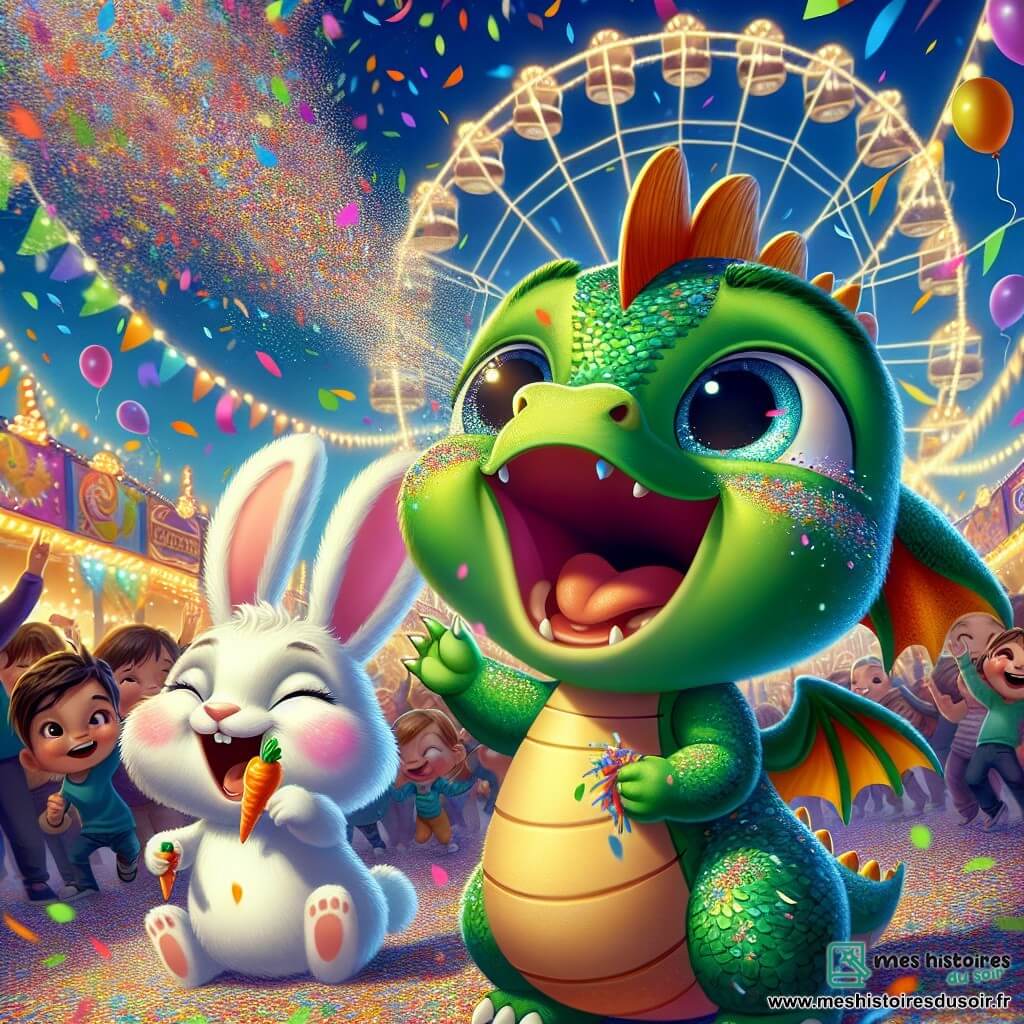 Un petit dragon nommé Flamme, avec des écailles vertes et des yeux joyeux, éternue des confettis multicolores. Il sourit au centre d'une scène pleine de rires et de couleurs. À ses côtés, Grignote, un lapin blanc aux grandes oreilles, grignote une carotte en sucre, partageant l'excitation de Flamme. En arrière-plan, une grande roue illuminée tourne lentement, entourée de guirlandes scintillantes et de ballons colorés. Des enfants et des familles dansent, créant une ambiance festive. La scène illustre la célébration du carnaval, symbolisée par les confettis, représentant la magie et la joie de cette journée inoubliable.