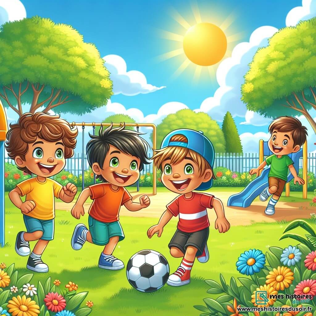Cinq personnages principaux : Léo (7 ans, cheveux bruns bouclés, t-shirt jaune, short bleu) sourit à gauche, prêt à jouer. Maxime (7 ans, cheveux blonds lisses, t-shirt rouge, pantalon vert) court vers le ballon à droite de Léo. Sam (7 ans, cheveux châtains, chapeau bleu, t-shirt orange, short noir) est accroupi et rit derrière Maxime. Hugo (7 ans, cheveux noirs courts, t-shirt vert clair, pantalon bleu marine) se tient à côté de Sam, pointant vers le ballon. Noé (7 ans, cheveux châtains, fauteuil roulant coloré, t-shirt violet, short beige) sourit au centre, tenant un ballon de foot. Le décor est un parc ensoleillé avec des arbres verts, des fleurs colorées et un ciel bleu. Les quatre amis jouent au foot avec Noé comme gardien, illustrant l'esprit d'équipe et l'amitié.
