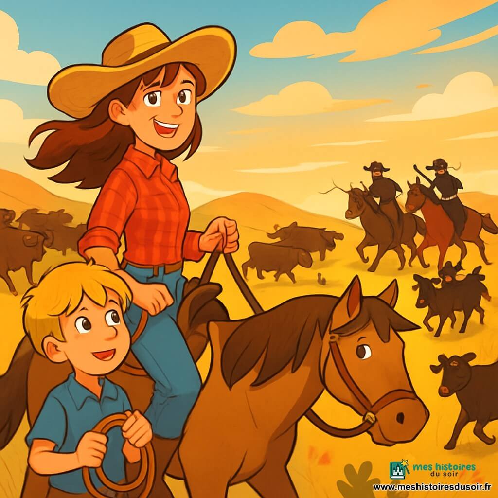 Eliza, une jeune femme cow-boy, se tient fièrement sur sa jument Sable, avec un chapeau de paille et un sourire déterminé. Ses cheveux châtains flottent au vent, et elle porte une chemise à carreaux rouge et un jean usé. À proximité, Tommy, un garçon de 10 ans aux cheveux blonds en bataille, l'observe avec admiration, prêt à l'aider. Le décor est une prairie baignée par la lumière dorée du soleil couchant, avec des collines à l'horizon et un ciel teinté de nuances orangées. Eliza et Tommy rassemblent un troupeau de vaches effrayées, tandis qu'un groupe de voleurs de bétail s'approche à cheval, créant une tension palpable. Eliza est prête à défendre son troupeau avec courage et ruse.