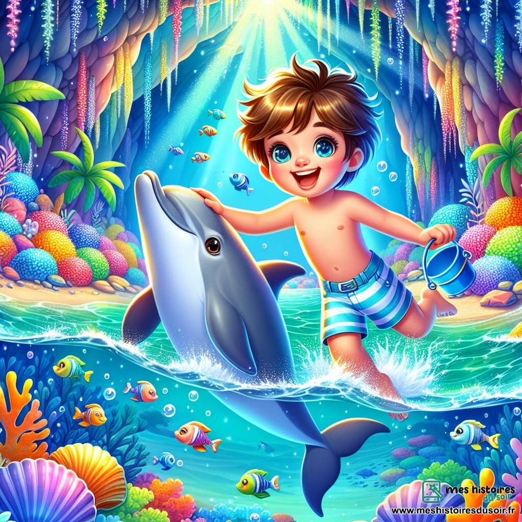 Un garçon de 6 ans, Louis, avec des cheveux bruns en bataille et des yeux curieux, nage joyeusement dans une eau turquoise, souriant largement. Il porte un maillot de bain rayé bleu et blanc et tient un petit seau bleu. À ses côtés, un dauphin souriant aux écailles grises fait des pirouettes, créant des éclaboussures. Le décor est une caverne sous-marine magique, avec des murs aux couleurs vives, des coquillages scintillants et des coraux multicolores. Des poissons éclatants nagent autour, ajoutant à l'atmosphère féerique. Louis et le dauphin explorent un jardin sous-marin secret, rempli de plantes ondulantes et de fleurs de mer, découvrant la beauté cachée de l'océan.