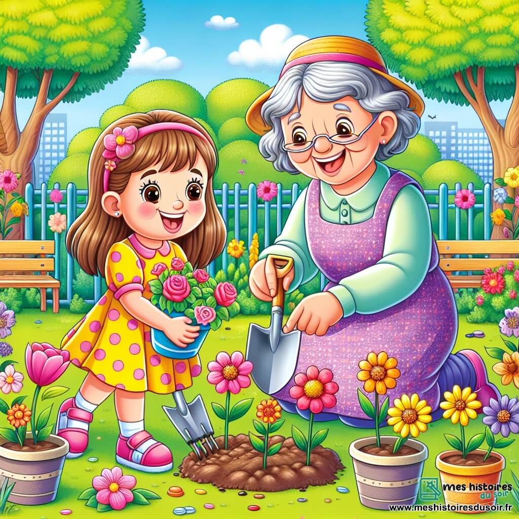 Une petite fille de 6 ans, Lucie, sourit en plantant des fleurs colorées dans la cour de l'école. Elle porte une robe jaune à pois et des sandales roses, accroupie avec des pots de fleurs autour d'elle. Sa grand-mère, avec des cheveux gris et un chapeau de jardinier, l'encourage en lui montrant comment planter les graines. La cour est verdoyante, avec des arbres en arrière-plan et des fleurs écloses, créant un jardin joyeux, symbolisant l'amour pour la nature et l'importance de préserver notre planète.