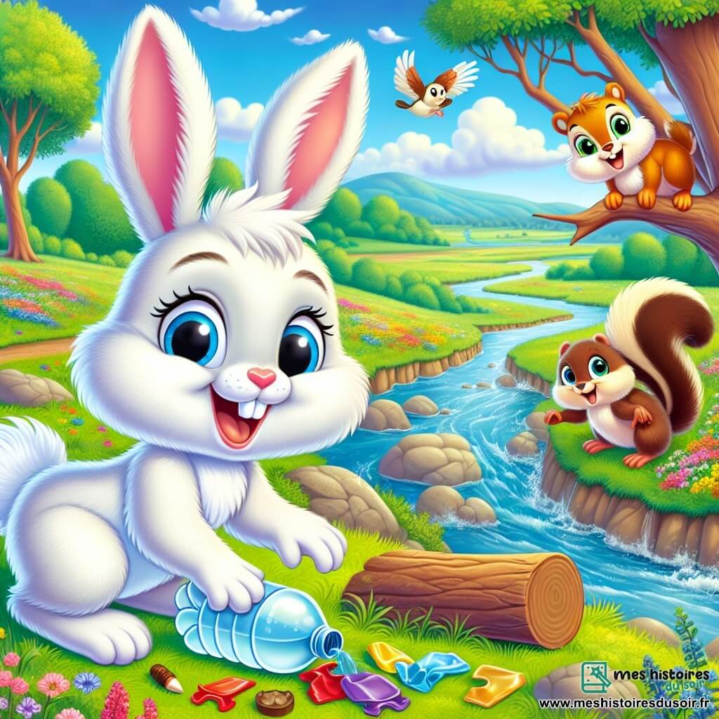 Au premier plan, Lapinou, un jeune lapin aux longues oreilles soyeuses et au pelage blanc éclatant, sourit en ramassant des déchets près d'un ruisseau, tenant une bouteille en plastique. À côté, Choupi l'écureuil, avec ses yeux pétillants et son pelage brun, grimpe sur une branche en tenant une noisette tout en observant le ruisseau. Plus loin, Mireille la mésange, aux plumes bleues et jaunes, vole autour du ruisseau à la recherche de déchets. La scène se déroule dans une prairie verdoyante avec des fleurs colorées et un ruisseau scintillant, sous un ciel bleu parsemé de nuages. Lapinou et ses amis s'activent ensemble pour nettoyer le ruisseau, montrant leur détermination à protéger leur environnement.