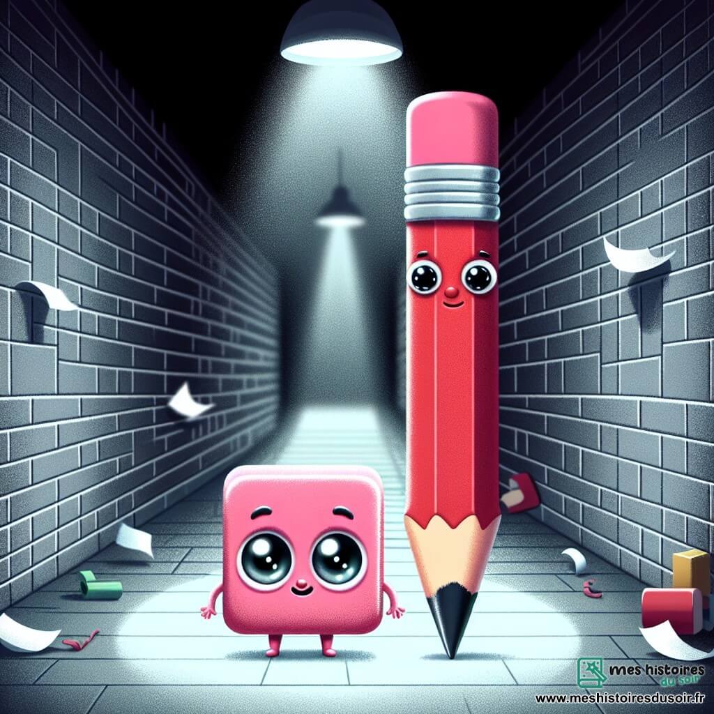 Gigi, une petite gomme rose aux yeux ronds, se tient au centre d'un couloir sombre, affichant peur et détermination. Elle est légèrement courbée, prête à avancer, avec une main tendue. À ses côtés, Raoul, un crayon rouge élancé, montre du courage, son regard fixé sur l'obscurité. Le couloir est long et étroit, avec des murs en briques grises et des ombres projetées par une lumière vacillante. Des papiers volants et des chaises renversées créent une atmosphère de mystère. Gigi et Raoul sont prêts à affronter leurs peurs, déterminés à avancer malgré les ombres menaçantes.
