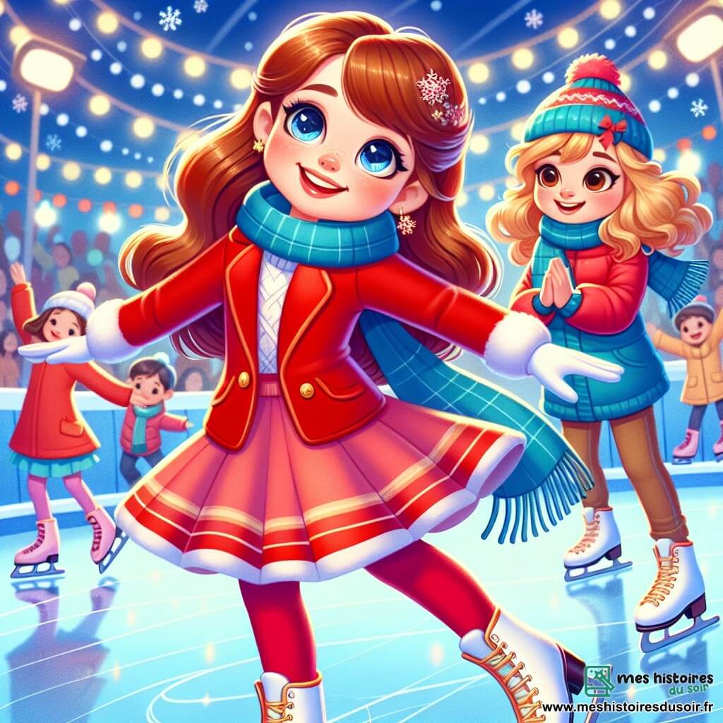 Louise, une fille de 10 ans aux longs cheveux bruns et aux joues roses, patine avec un sourire éclatant, vêtue d'un manteau rouge et de gants blancs. À ses côtés, Emma, également âgée de 10 ans, avec des cheveux blonds et bouclés, l'encourage en souriant, portant une écharpe bleue et un bonnet assorti. La patinoire est animée, entourée de familles et d'amis avec des lumières scintillantes et des flocons de neige. Louise et Emma réalisent une chorégraphie synchronisée sur la glace, tandis que les spectateurs applaudissent.