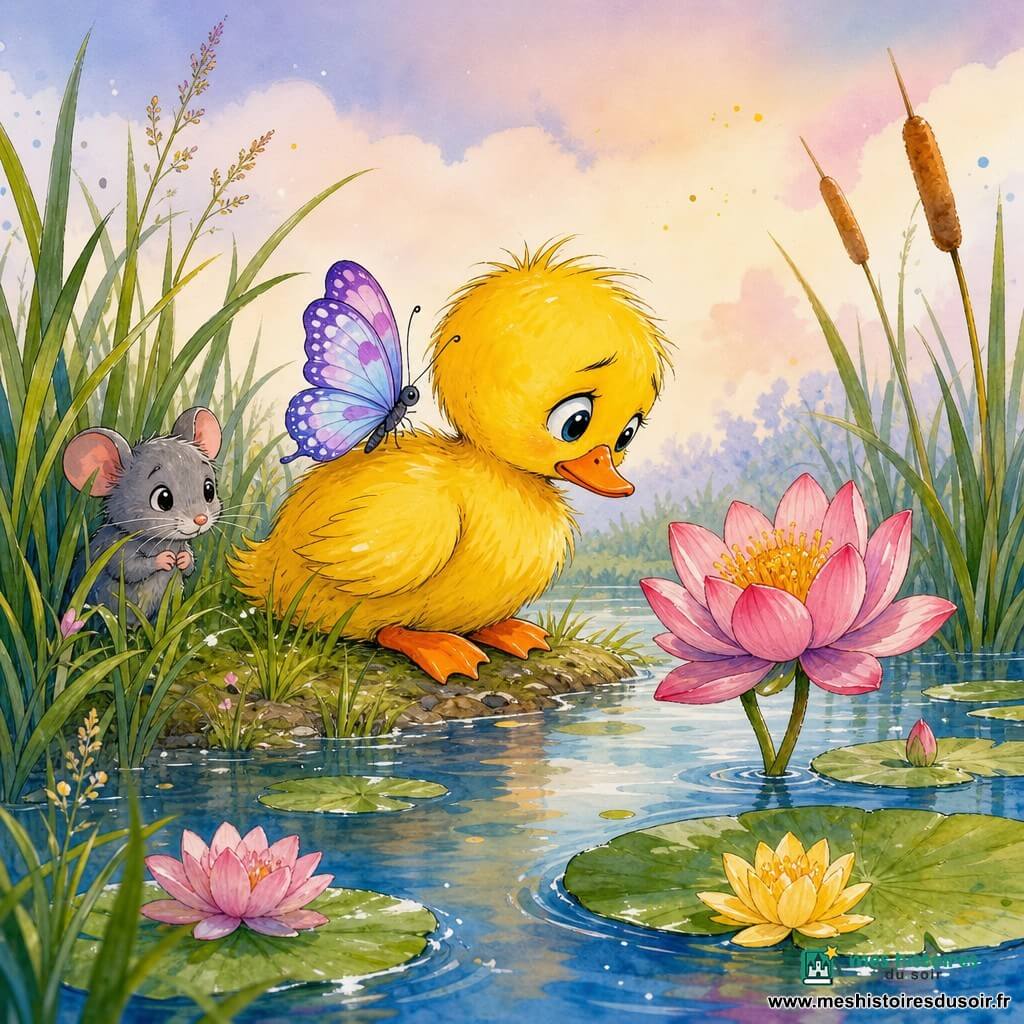 Canard jaune vif au bec orange, plumes ébouriffées, triste mais curieux, assis au bord d’un étang en regardant une fleur; un grand papillon translucide aux motifs violets et bleus posé sur son dos le réconforte; une petite souris grise aux yeux brillants, cachée dans l’herbe à gauche, observe avec espoir; étang calme avec nénuphars et fleurs roses et jaunes, herbes et roseaux, ciel pastel — atmosphère chaleureuse et tendre, composition centrée sur le canard et le papillon.