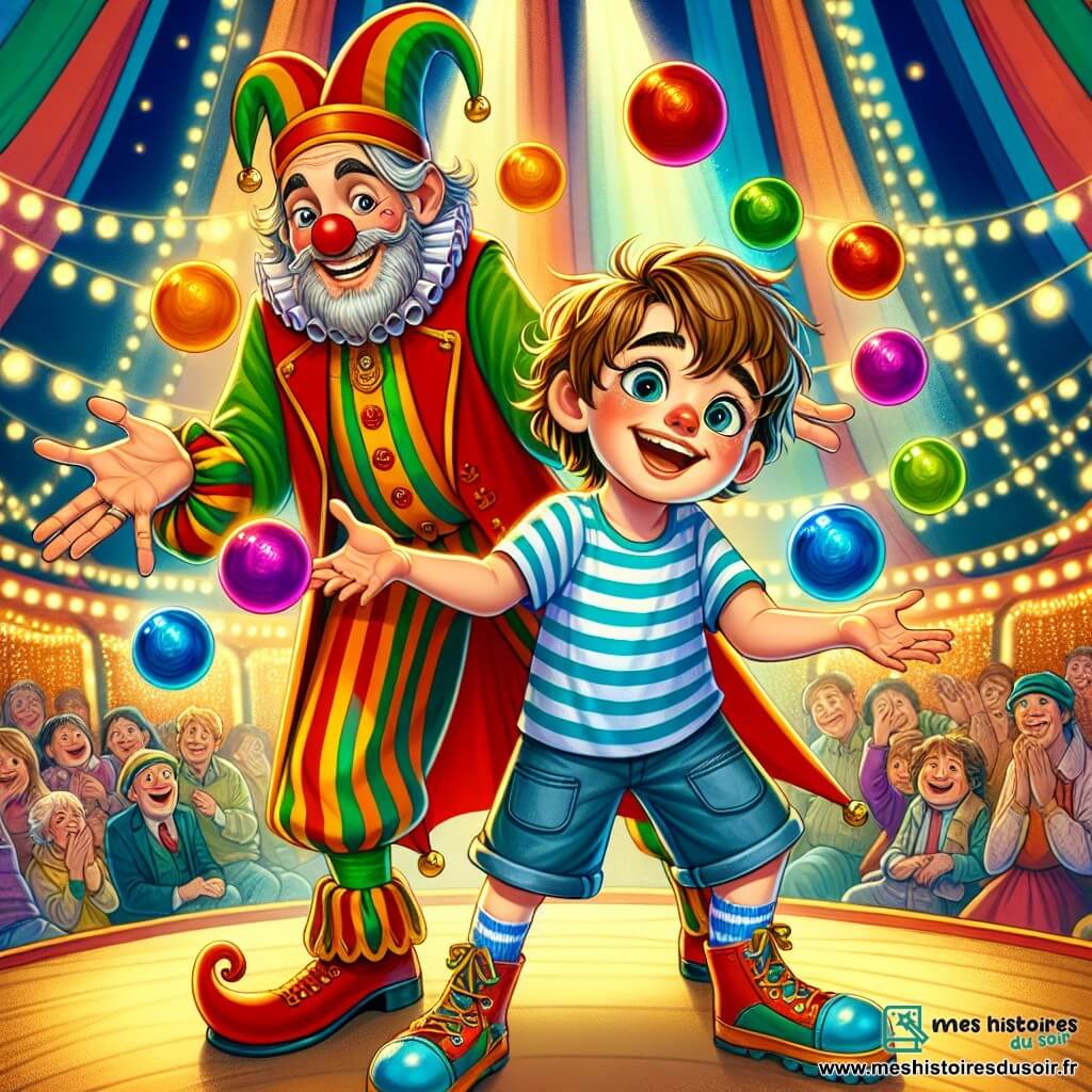 Léo, un garçon de 10 ans aux cheveux bruns en bataille et aux yeux curieux, se tient au centre de la scène avec un grand sourire. Il porte un t-shirt rayé coloré et un short en jean, tenant des balles multicolores, prêt à jongler. À ses côtés, le Clown Farceur, un homme d'environ 40 ans avec un nez rouge et un chapeau pointu, rit en lui montrant comment jongler. Ils sont sous un chapiteau de cirque décoré de lumières scintillantes, entourés de spectateurs émerveillés. La scène illustre Léo et le Clown Farceur préparant un numéro de jonglage dans une ambiance festive et magique.