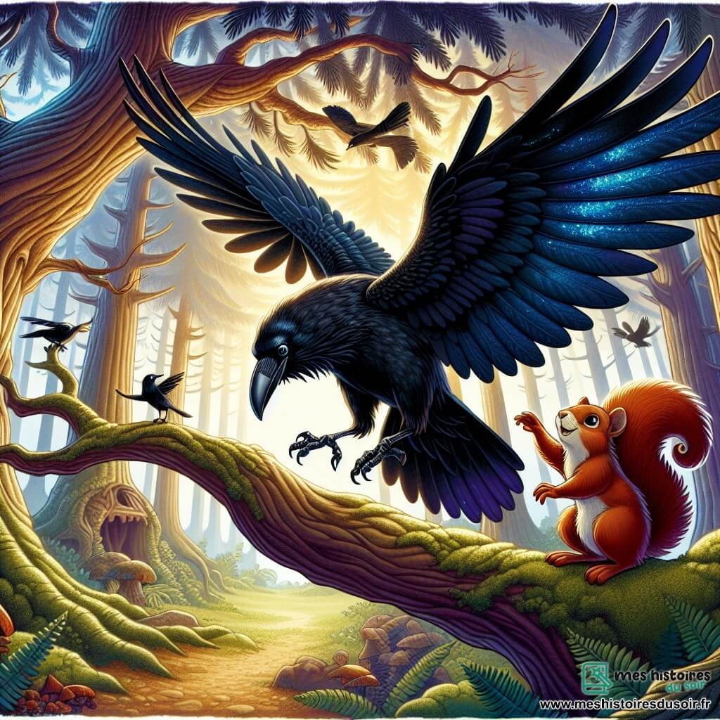 Un corbeau aux plumes noires étincelantes, avec des reflets bleu nuit, se tient sur une branche d'un vieux chêne, prêt à s'envoler. À ses côtés, un petit écureuil roux l'encourage, perché sur une branche plus basse. En arrière-plan, le Bois des Songes s'étend avec des arbres tortueux et des rayons de soleil filtrant à travers la brume. La scène évoque une atmosphère d'aventure et de magie, alors que le corbeau se prépare à traverser le pont de brume pour atteindre la Perle d'Argile, symbole de courage et de rêve.