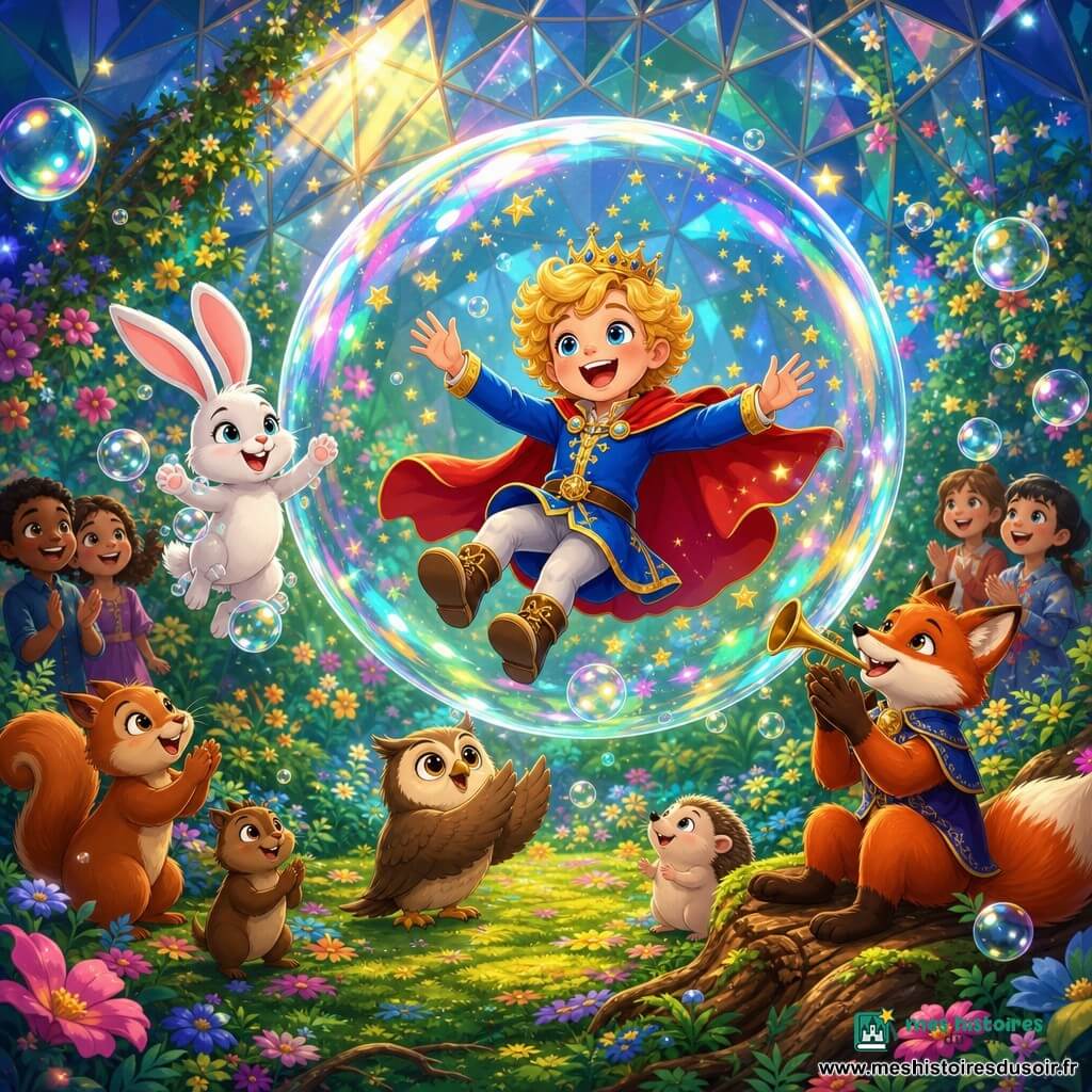 Jeune prince blond aux yeux bleus, vêtu d'une robe courte bleue à bordures dorées et d'une cape rouge, rit en flottant dans une grande bulle de savon arc‑en‑ciel ; à gauche un lapin blanc joueur saute en pirouettes, à droite un renard roux malicieux assis sur une racine joue de la trompette dorée en applaudissant, autour un écureuil et une chouette applaudissent et lancent des petites bulles scintillantes ; scène festive dans un dôme de cristal au cœur d'une forêt enchantée, murs facettés projetant reflets colorés, tapis de mousse fleurie et rayons de soleil dorés, bulles géantes et pluie d'étoiles quand elles éclatent, style dessin animé 2D aux lignes douces, couleurs vives et expressions souriantes.