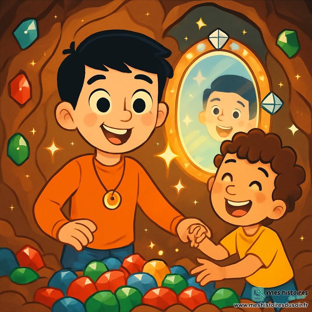 Samir, un jeune homme aux cheveux noirs et aux yeux brillants, se tient au centre d'une grotte étincelante avec Nadir, un garçon de 8 ans aux cheveux bouclés. Ils expriment surprise et joie en découvrant un collier porte-bonheur sous des pierres précieuses. La grotte, ornée de rubis, saphirs et émeraudes, crée une atmosphère magique, avec un grand miroir entouré de diamants réfléchissant leurs visages émerveillés.