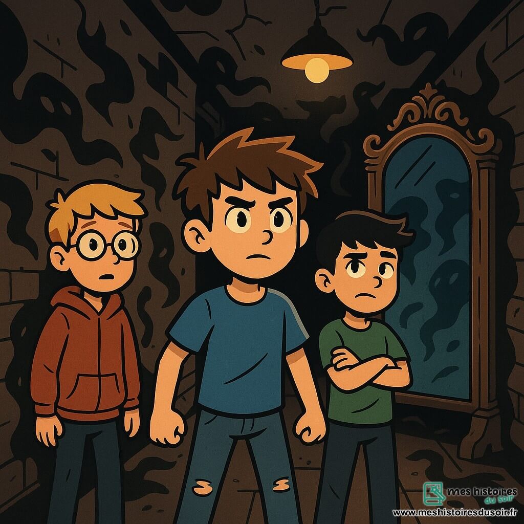 Trois personnages se tiennent dans un vieux couloir d'école sombre : Lucas, 12 ans, cheveux bruns en bataille, t-shirt bleu, observant un miroir mystérieux ; Max, 12 ans, cheveux blonds, lunettes rondes, en retrait à gauche, inquiet mais intrigué ; et Hugo, 12 ans, cheveux noirs, t-shirt vert, à droite de Lucas, affichant une bravoure feinte. Le couloir, avec ses murs en briques fissurées et une vieille lampe vacillante, crée une atmosphère angoissante. Les trois amis sont confrontés à un grand miroir qui semble les appeler, des ombres dansent autour d'eux, tandis que Lucas s'avance courageusement vers le miroir, prêt à découvrir la vérité cachée.