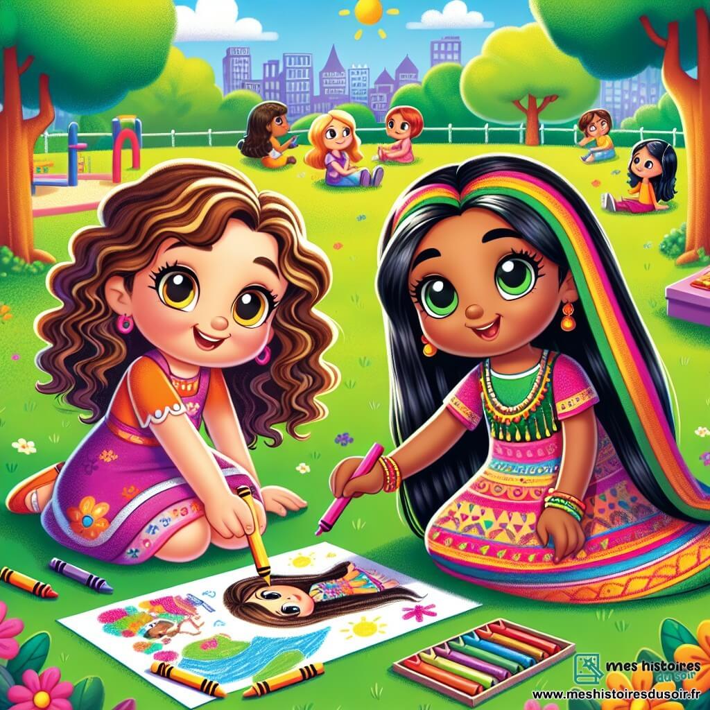 Lila, une petite fille de 6 ans aux grands yeux brillants et cheveux bouclés, sourit en tenant des crayons de couleur. Elle porte une robe colorée et est assise sur l'herbe, entourée de ses dessins. À côté, Amina, également âgée de 6 ans, a les cheveux longs et noirs et porte une robe traditionnelle colorée. Elle dessine un paysage avec un lac et des montagnes, regardant Lila avec un sourire timide. Dans un parc ensoleillé, rempli de fleurs et d'arbres, Lila et Amina partagent leurs dessins et discutent joyeusement, illustrant leur amitié et la tolérance entre leurs cultures.