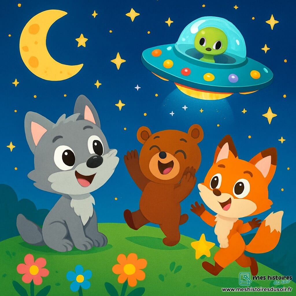 Petit Loup, un jeune loup gris aux poils doux et aux grands yeux curieux, sourit en regardant une soucoupe volante scintillante dans le ciel étoilé. Il est assis sur une colline verdoyante, entouré de fleurs colorées. À ses côtés, Petite Ourse, une ourse brune aux joues roses, lève les pattes en riant, émerveillée par la soucoupe. Renardeau, un petit renard orange vif, saute de joie avec une étoile en papier dans ses pattes. Le ciel bleu profond est parsemé d'étoiles, et la Lune brille comme un fromage doré. La soucoupe volante flotte au-dessus d'eux, créant une ambiance magique. Petit Loup et ses amis découvrent ensemble un nouvel ami extraterrestre, remplis d'émerveillement et de bonheur.