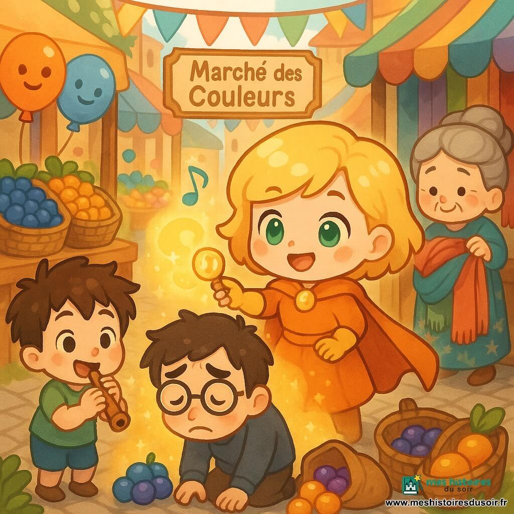 Femme super-héroïne souriante mais concentrée, manteau ambre, cheveux blonds courts, yeux verts, petite pierre citrine sur la poitrine, tenant un appareil rond qui diffuse une brume dorée et une note musicale apaisante, calmant une scène sur le Marché des Couleurs ; à droite, une marchande âgée aux cheveux gris en chignon, robe à fleurs, récupère ses écharpes changeant de couleur avec soulagement ; au premier plan gauche, un garçon d'environ 7 ans, cheveux bruns en bataille, tient une petite flûte et regarde la héroïne émerveillé ; au centre, le chef des voleurs d'environ 30 ans, lunettes trop grandes, agenouillé et honteux, sacs ouverts et fruits lumineux éparpillés autour ; ruelle pavée, étals en bois peints de teintes vives, paniers de fruits surnaturels (bleus, violets, dorés), ballons souriants, guirlandes et tissus gaufrés ; moment de résolution calme et joyeux — la brume dorée enveloppe les voleurs, les passants applaudissent soulagés, des notes musicales visibles comme bulles colorées s'élèvent, atmosphère chaleureuse et lumineuse.