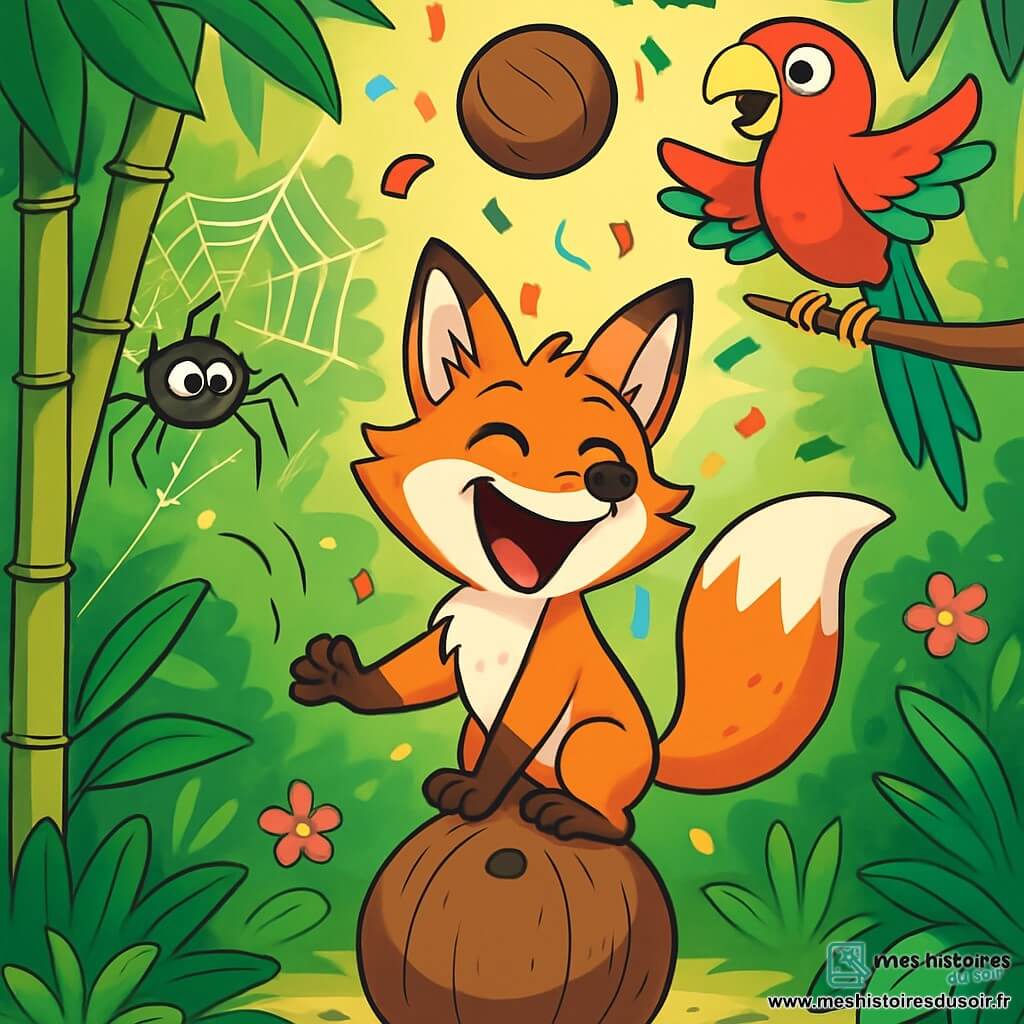 Un renard espiègle au pelage orange vif, nommé Fripouille, se tient sur une noix de coco, riant. À ses côtés, une araignée nommée Bibi tisse une toile entre deux bambous, souriante. Un perroquet coloré, Coco, chante en battant des ailes, perché au-dessus d'eux. La scène se déroule dans une jungle luxuriante, remplie de feuillages, de fleurs éclatantes et de rayons de soleil créant des ombres dansantes. Fripouille prépare une farce en lançant des noix de coco en l'air, tandis que des confettis volent autour de lui, ajoutant une touche festive à l'atmosphère joyeuse.