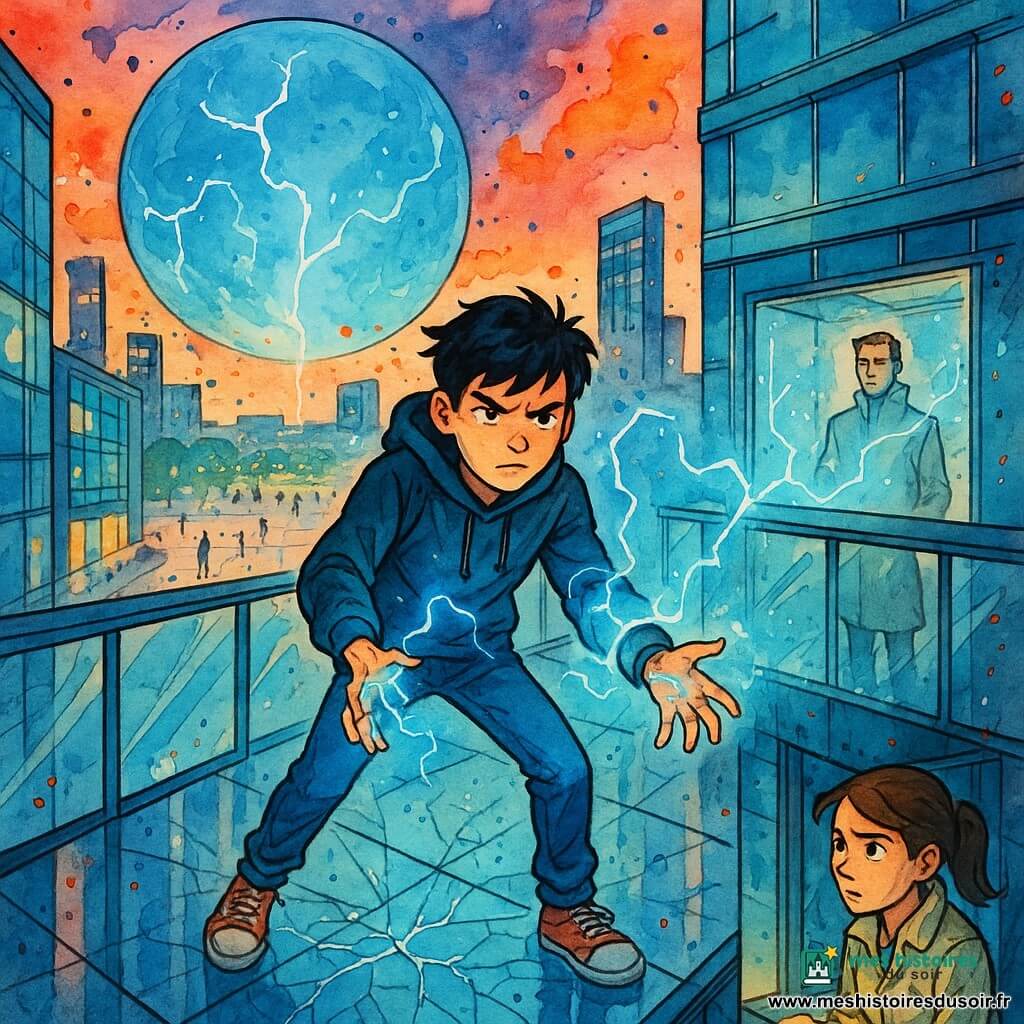 Maël, garçon préadolescent d’environ 13 ans, visage concentré, cheveux noirs en bataille, sweat à capuche sombre et baskets, tient les paumes ouvertes au-dessus d’une passerelle vitrée tandis qu’arcs électriques bleu‑cyan coulent autour de ses doigts et qu’un bracelet métallique pulse d’un halo; derrière lui, Inès, 13 ans, cheveux attachés et veste claire, est dans une petite salle de contrôle vitrée, mains sur un écran tactile, regardant Maël et l’interface; à quelques mètres sur la même passerelle Silex Varn, homme d’environ 45 ans en manteau clair, visage calme et légèrement méprisant, l’observe depuis l’autre côté d’une barrière d’énergie translucide; la passerelle suspendue entre deux tours de verre a un plancher transparent craquelé au‑dessus d’un vide vertigineux et d’une grande place urbaine dominée par une énorme sphère météo transparente parcourue d’arcs électriques; Maël canalise l’électricité pour stabiliser le dôme tandis qu’Inès tente un verrouillage sur son écran et Varn surveille, dans une atmosphère dramatique au crépuscule aux contrastes marqués entre lumières bleues électriques et ombres de verre.