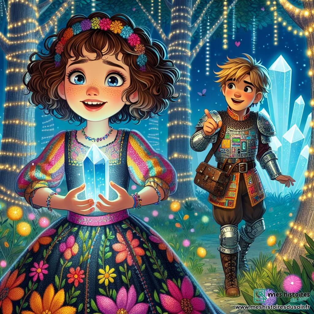 Zoé, une fille de 9 ans aux cheveux châtains bouclés et aux yeux curieux, se tient au centre d'une clairière enchantée, un sourire émerveillé sur le visage. Elle porte une robe colorée avec des motifs floraux et tient un petit cristal brillant. À ses côtés, Félix, un garçon d'environ 10 ans en armure de pièces d'ordinateur et casque en forme de casserole, l'observe avec admiration. La clairière est magique, entourée d'arbres argentés et de fleurs lumineuses. Un cristal géant flotte au centre, émettant une douce mélodie. Zoé et Félix découvrent le Cristal Chantant, un artefact magique qui protège leur monde, et s'apprêtent à résoudre le mystère de son affaiblissement.
