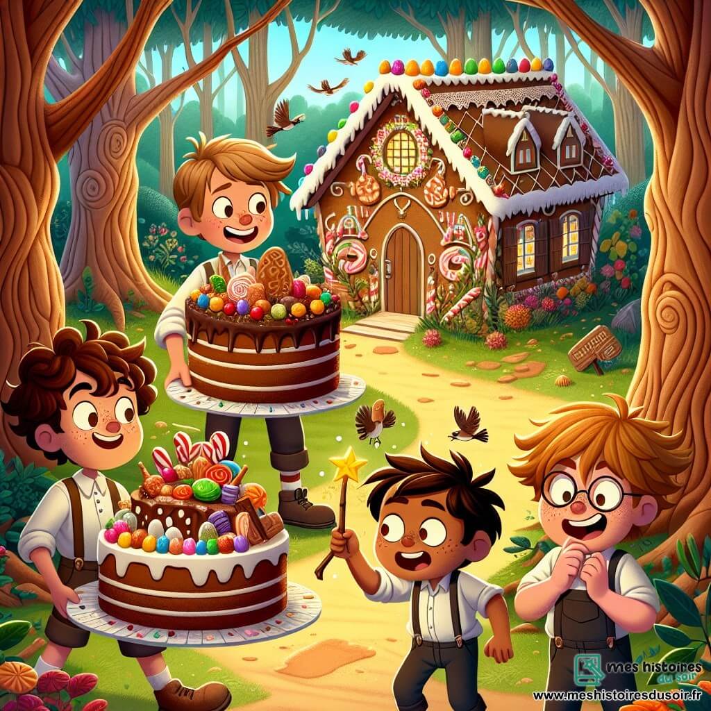 Dans une forêt enchantée, quatre garçons se tiennent devant une maison en pain d'épice décorée de bonbons. Gaspard, 10 ans, avec des cheveux bouclés et une baguette magique, sourit en montrant un immense gâteau au chocolat. À sa droite, Lucas, 9 ans, aux lunettes rondes, regarde le gâteau avec émerveillement. À gauche, Maxime, 10 ans, rit en tenant une part de gâteau. Enfin, Théo, 9 ans, éternue après avoir goûté une bouchée épicée. La forêt est remplie d'arbres aux troncs noueux, de fleurs colorées et de chants d'oiseaux. Les garçons découvrent un gâteau magique qui change de goût à chaque bouchée, entourés de chaussettes dansantes, créant une scène joyeuse.