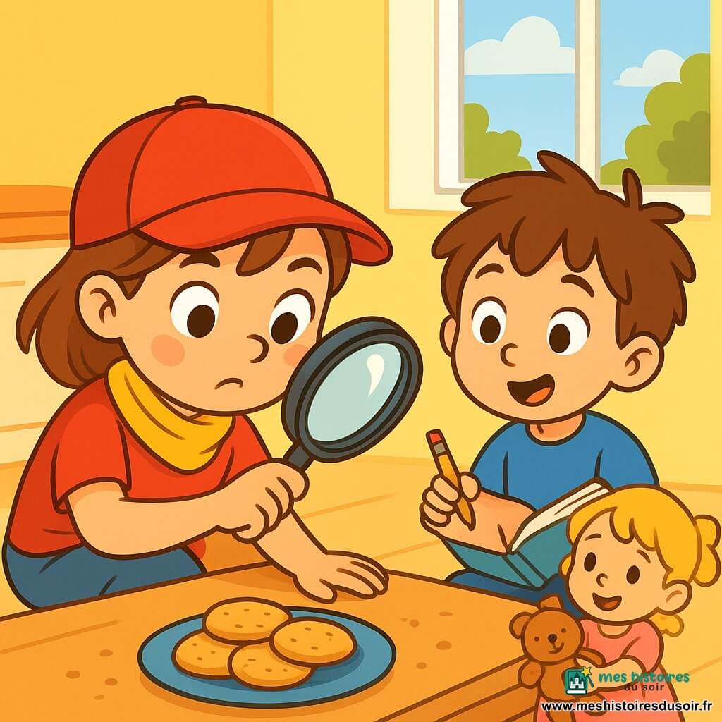 Lila, une petite fille de 4 ans avec une casquette rouge et un foulard jaune, examine un morceau de biscuit avec une loupe, affichant un regard curieux. À ses côtés, son frère Tom, 3 ans, tient un crayon et un carnet, tandis que leur sœur Emma, 2 ans, joue avec une peluche. La scène se déroule dans une cuisine lumineuse aux murs jaunes, où une assiette de biscuits trône sur la table. Les enfants sont en pleine enquête pour résoudre le mystère du biscuit disparu, plongés dans une atmosphère de jeu et d'aventure.