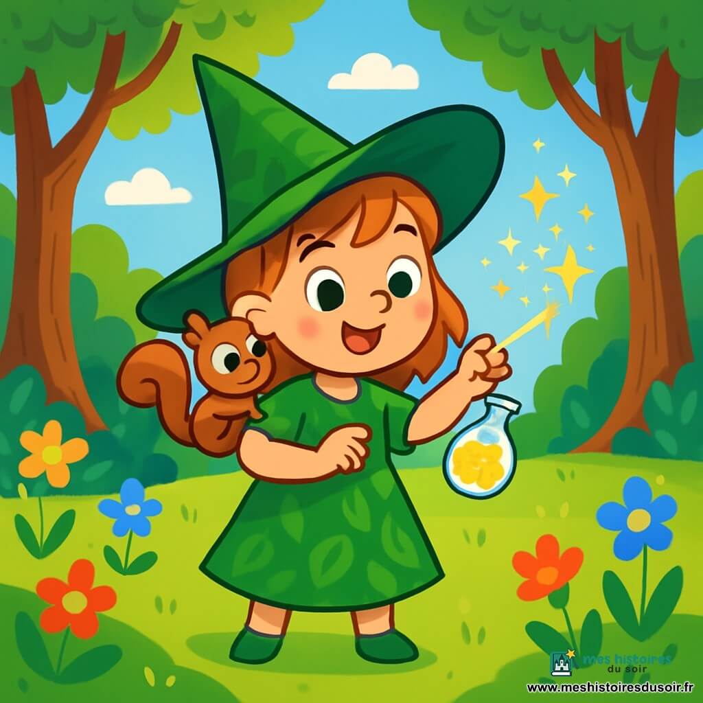 Une fillette de six ans, Lila, apprentie sorcière, se tient au centre de la clairière. Elle porte une robe verte ornée de motifs de feuilles et un chapeau pointu. Son visage exprime détermination et émerveillement alors qu'elle mélange une poudre scintillante dans une fiole. À ses côtés, un écureuil brun nommé Tino grimpe sur son épaule, observant attentivement. La clairière est entourée de grands arbres et le sol est parsemé de fleurs colorées. Des rayons de soleil filtrent à travers les feuilles, illuminant la scène. Lila murmure des mots magiques, et la poudre scintillante brille intensément, créant une atmosphère enchantée.