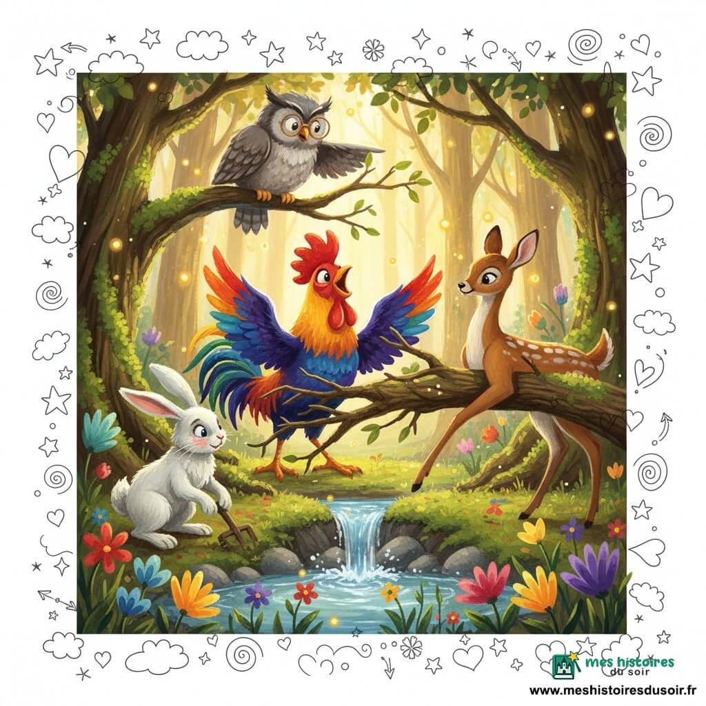 Un coq au plumage arc‑en‑ciel, déterminé et souriant, ailes légèrement déployées, chante et repousse des branches pour libérer une source; à gauche, Léon le lapin blanc aux oreilles longues creuse la terre en montrant l'effort; à droite, Fleur la biche élancée soulève gracieusement une grosse branche près de la source; un vieux hibou gris aux plumes froissées et lunettes rondes, perché sur une branche au‑dessus, indique la direction de l'eau; la scène se déroule dans une clairière de forêt enchantée aux troncs noueux, mousses vertes, fleurs lumineuses et petites lucioles dorées; au centre jaillit une petite source d'eau claire entre des pierres moussues, l'eau scintille et ravive les fleurs; composition joyeuse et chaleureuse, couleurs vives saturées, textures de gouache visibles et lumières dorées du matin filtrant à travers les feuilles, expressions amicales et coopération évidente.