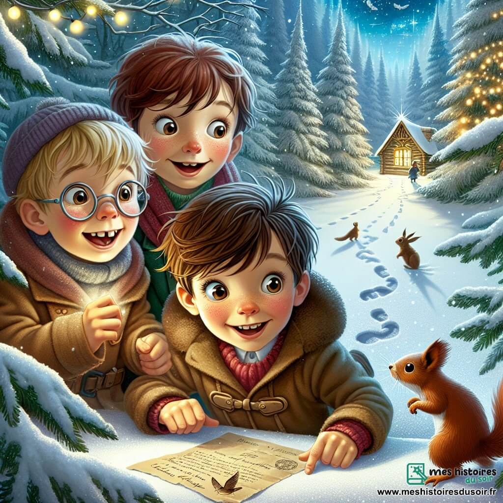 Dans une forêt enchantée, trois garçons se tiennent ensemble, entourés de neige scintillante. Lucas, 8 ans, sourit en tenant une lettre jaunie. À sa droite, Maxime, 9 ans, observe un écureuil, tandis qu'à gauche, Théo, 8 ans, pointe un chalet en bois décoré de guirlandes lumineuses. La forêt est magique avec des arbres majestueux et des flocons tombant du ciel étoilé. Les amis, excités, se préparent à rencontrer le Père Noël pour lui remettre une lettre spéciale d'un camarade de classe pour réaliser un vœu de Noël.