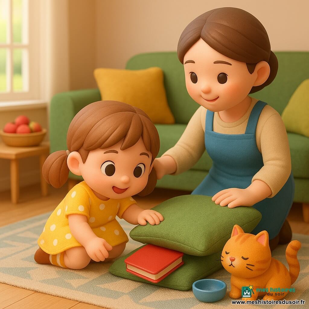 Une fillette de 4 ans, fière et concentrée, cheveux châtain clair en couettes, porte une robe jaune à pois blancs et des chaussettes rayées ; elle s’accroupit devant un canapé vert et tire un coussin pour révéler un petit carnet rouge. Une femme d’environ 32 ans, cheveux bruns en chignon bas, sourire tendre et tablier bleu, est à genoux derrière elle, la main sur son épaule. Un chat orange tigré, petit et dodu, yeux mi-clos et queue qui s’agite, observe près de la gamelle. Le salon-cuisine lumineux a un parquet clair, un tapis géométrique, une table basse en bois avec un bol bleu et un panier de pommes rouges, la lumière du matin entre par une grande fenêtre. Scène de découverte joyeuse et complice, ambiance chaleureuse, couleurs vives et textures douces, rendu en figurines 3D kawaii avec éclairage doux et ombres légères.