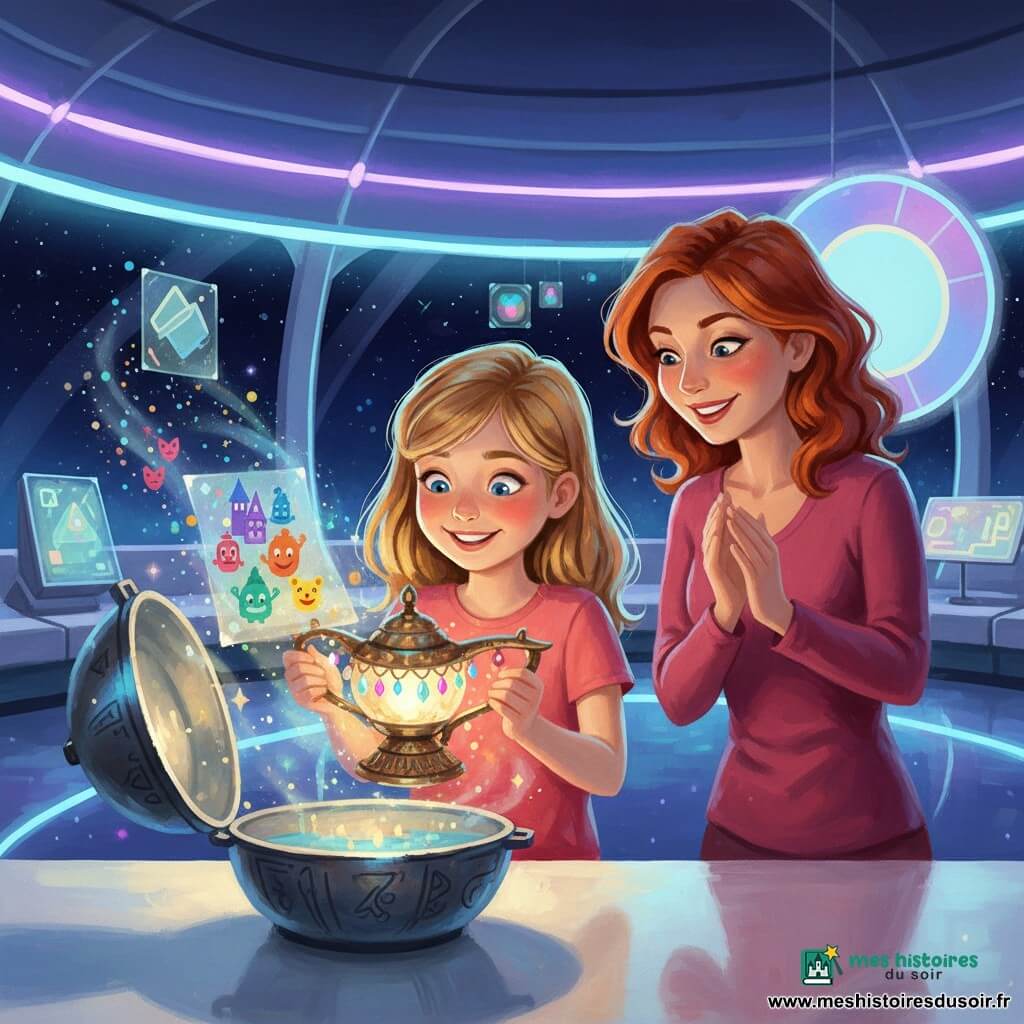 Léa, une fillette, sourit émerveillée, les yeux brillants, tenant une lampe ancienne en métal patiné ornée de petits cristaux colorés au-dessus d'une capsule métallique ouverte posée sur une table blanche. À droite, Mia, adulte d'environ 30 ans aux cheveux roux, sourit chaleureusement et applaudit en regardant la lampe près d'un panneau lumineux. Dans la grande salle spatiale de la station Nova aux parois de verre courbes, sols brillants et néons bleus et violets, la lampe projette des hologrammes colorés de petites villes flottantes et de silhouettes amicales, avec des faisceaux lumineux et des étincelles multicolores, ambiance chaleureuse et magique.