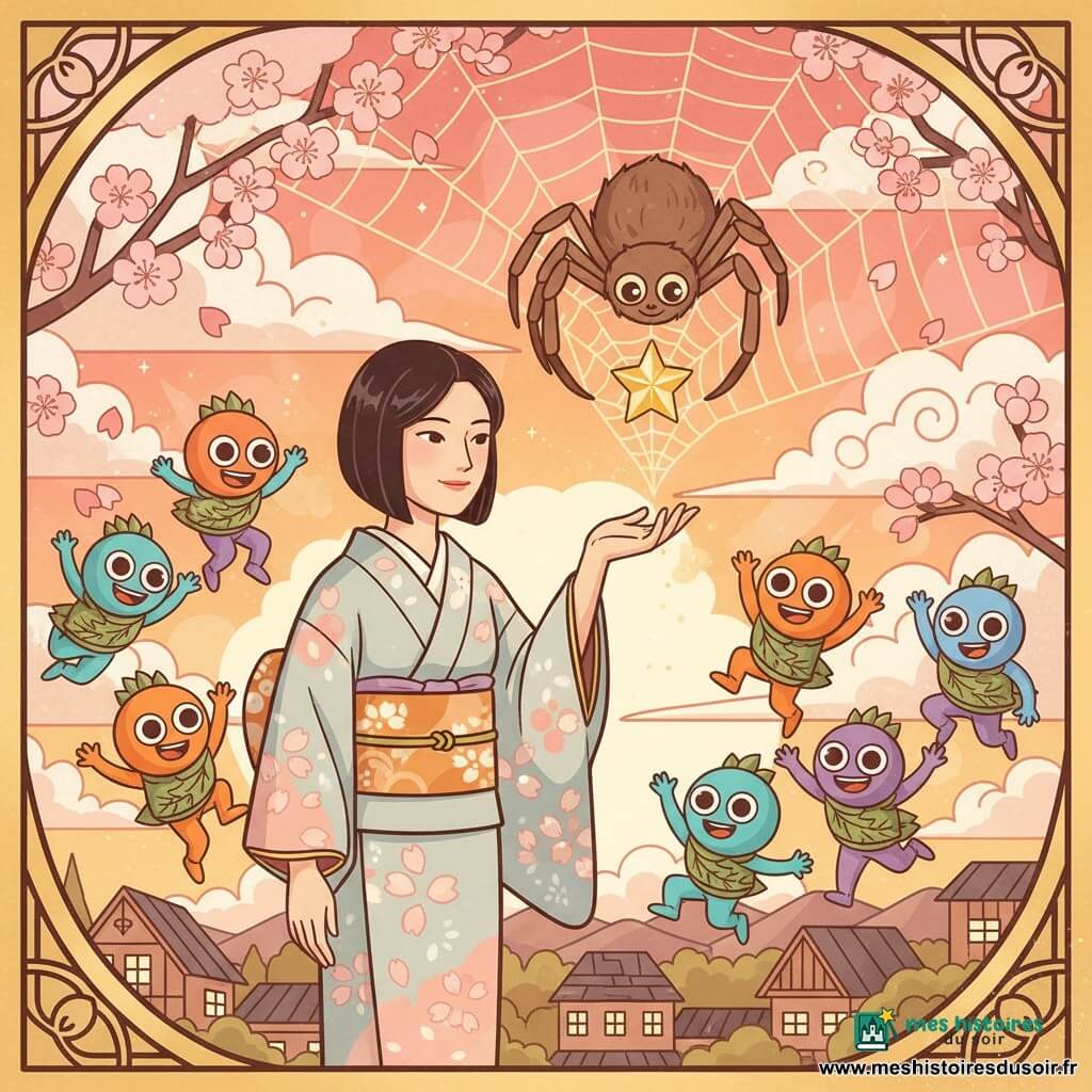 Une femme au sourire doux et regard courageux, cheveux noirs jusqu'aux épaules et kimono pastel à motifs de pétales, tend la main vers une petite étoile scintillante prise dans une grande toile d'araignée tandis qu'un groupe d'obake ronds et colorés aux yeux brillants danse alentour; au-dessus, une grande araignée brune et velue aux yeux amicaux se penche prête à lâcher l'étoile; la scène se déroule au sommet d'une montagne au crépuscule, encadrée de branches de cerisier en fleurs et de nuages blancs, avec quelques maisons en contrebas — ambiance chaleureuse et dorée, gestes de partage et danse joyeuse.