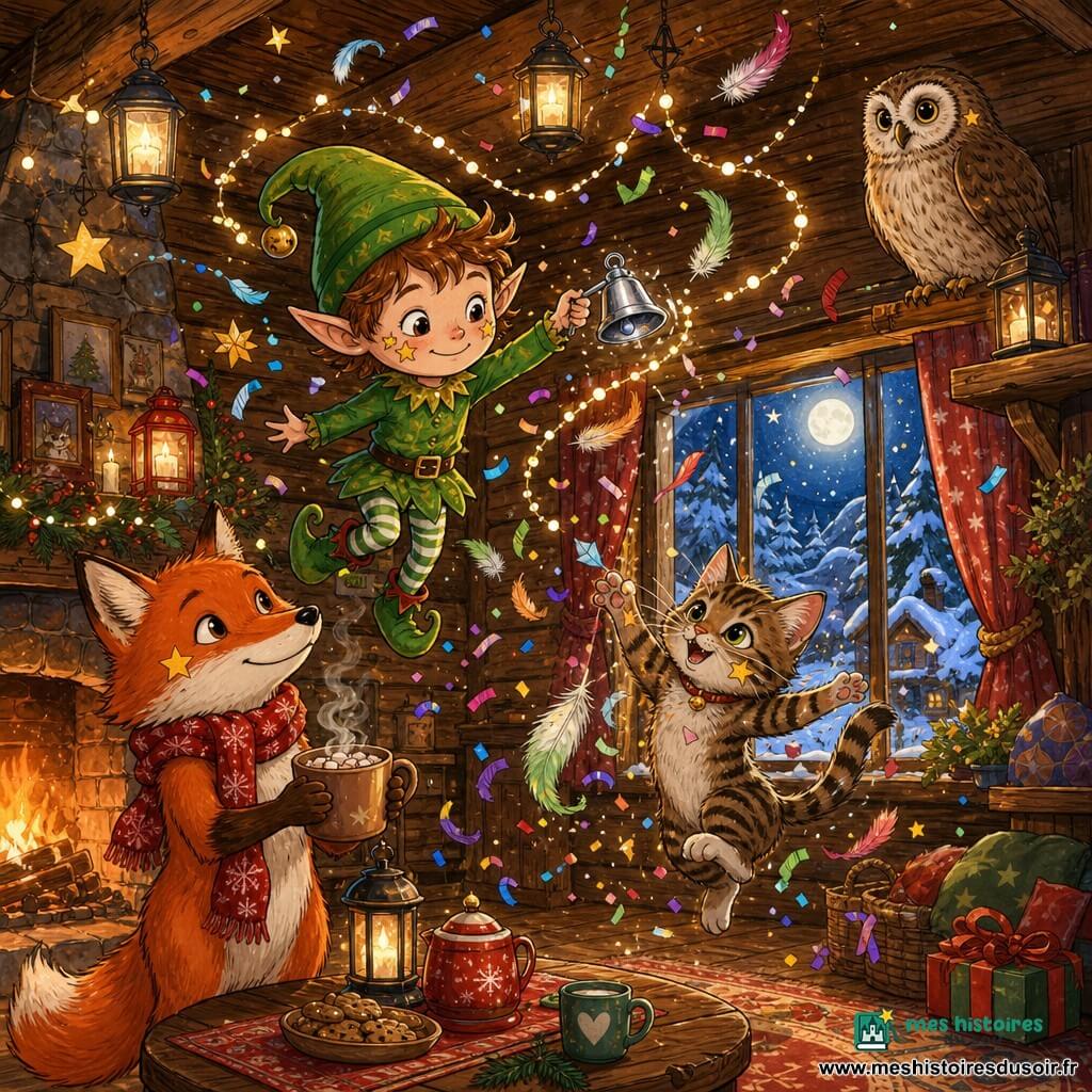 Le Lutin Farceur, petit être au bonnet vert flottant en agitant une clochette qui libère guirlandes et plumes, côtoie un renard roux anthropomorphe chaleureux, emmitouflé d'une écharpe rouge tenant une tasse de chocolat près de la cheminée, tandis que Minou le chaton tigré bondit surpris dans une pluie de confettis et Hibou la chouette brune, posé sur une étagère, veille calmement ; le tout se déroule dans une maison en rondins chaleureuse, murs en bois, tapis épais, lanternes et guirlandes lumineuses flottantes, fenêtre sur un paysage enneigé au clair de lune, lors d'une veillée de Noël magique où décorations et ombres s'animent dans une atmosphère douce, colorée et animée.