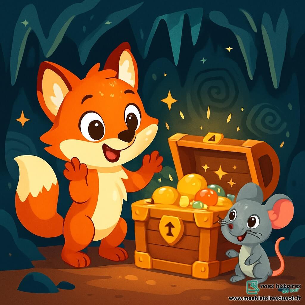 Un petit renard orange nommé Félix, aux yeux malicieux et à la fourrure brillante, se tient devant un coffre en bois orné de pierres précieuses, prêt à l'ouvrir avec émerveillement. À ses côtés, une petite souris grise nommée Lila, aux grands yeux curieux, regarde le coffre avec excitation. La scène se déroule dans une grotte mystérieuse, illuminée par des lumières scintillantes qui mettent en valeur des stalactites et des gravures anciennes. Ensemble, Félix et Lila découvrent un trésor rempli de fruits dorés et de bijoux, symbolisant l'aventure et l'amitié dans la forêt enchantée.