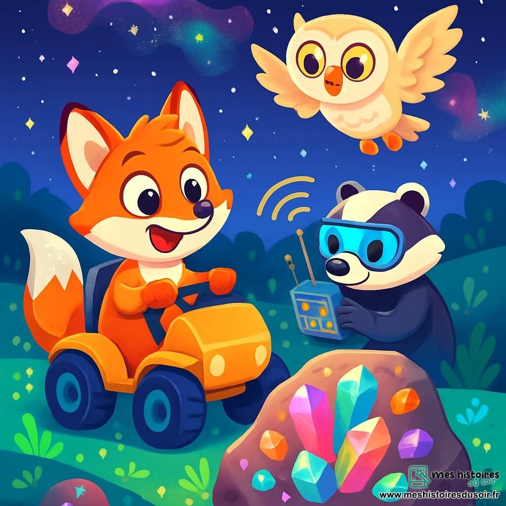 Filou, un petit renard aux poils orange vif et à la queue argentée, observe avec émerveillement un vieux rocher orné de cristaux multicolores. Assis dans son rover lunaire, il sourit, les pattes sur le volant. À ses côtés, Ziggy, un blaireau à la fourrure rayée noir et blanc, porte des lunettes de protection et manipule un appareil électronique clignotant. Plume, une chouette aux plumes crémeuses, vole au-dessus, curieuse. Ils se trouvent sur une colline aux Météores, entourés de pierres scintillantes et de végétation luminescente, sous un ciel étoilé et coloré. Ils découvrent un mystérieux signal émanant du rocher, dans une ambiance d'aventure et de magie.