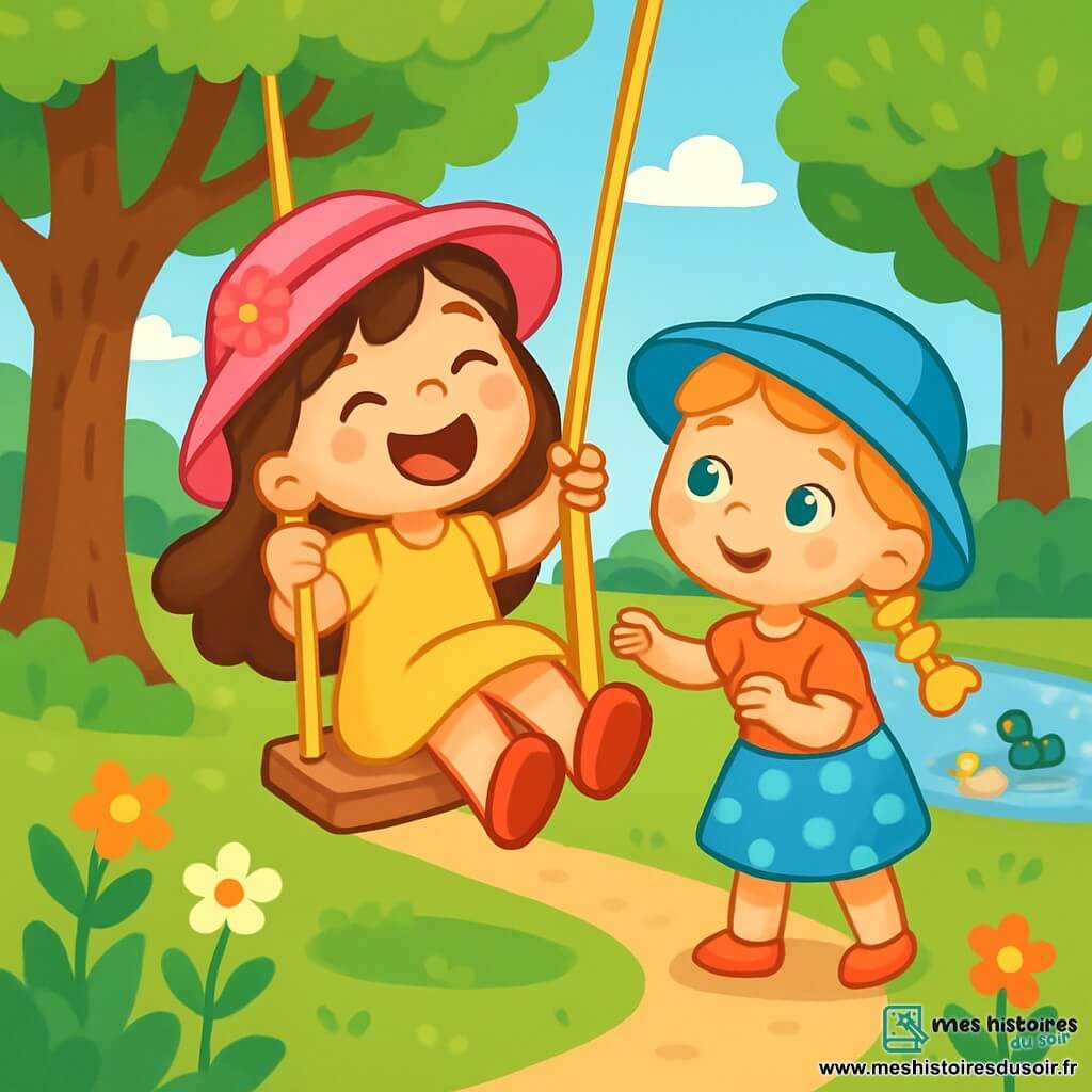 Deux petites filles de 4 ans, Léa et Chloé, jouent dans un parc ensoleillé. Léa, avec de longs cheveux bruns, un chapeau rose à fleurs et une robe jaune, s'amuse sur une balançoire, riant aux éclats. Chloé, avec des cheveux blonds en tresses, un chapeau bleu et une jupe à pois, se tient à côté, prête à la pousser. Le parc est verdoyant, avec des arbres, un étang où nagent des canards et des fleurs colorées, créant une ambiance joyeuse d'une belle journée d'été.