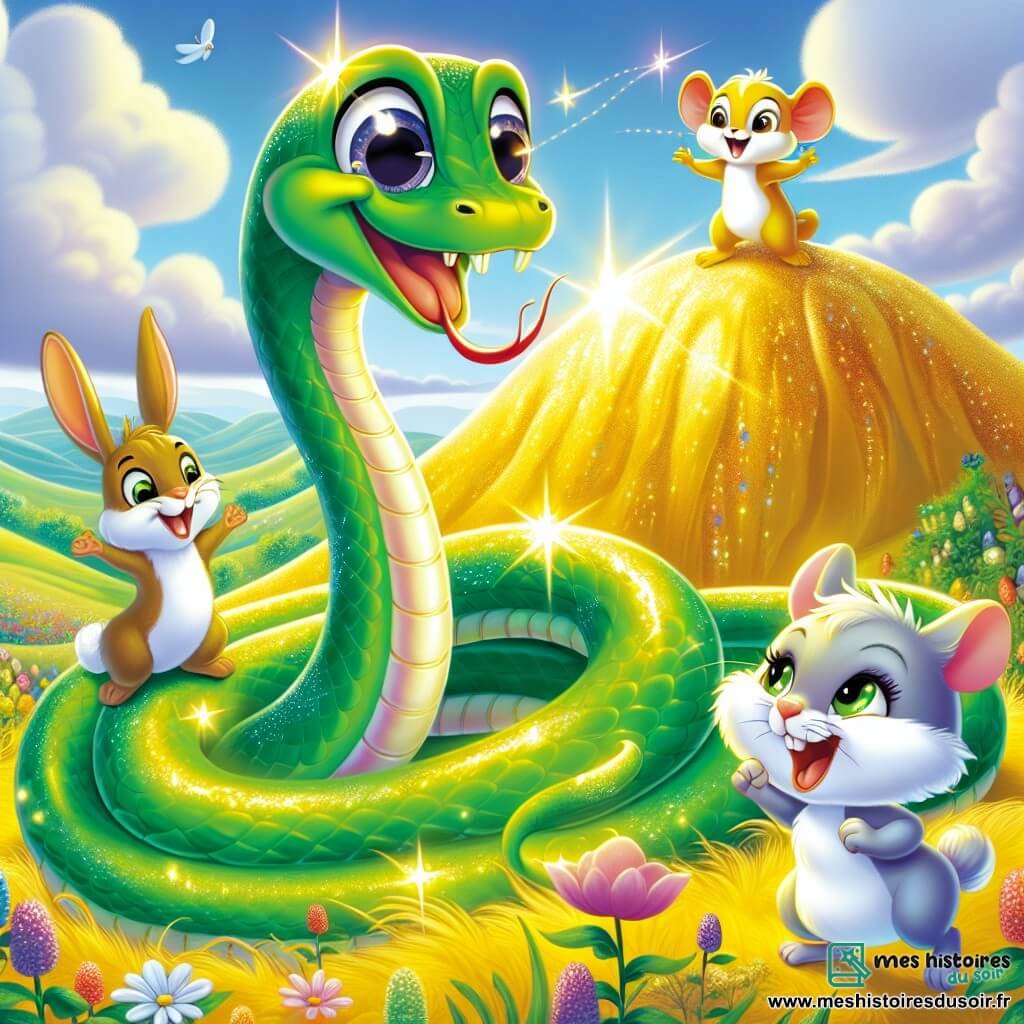 Un serpent nommé Slinky, avec une peau verte éclatante et des écailles brillantes, se tient joyeusement au sommet d'une colline dorée. À ses côtés, un lapin nommé Loulou, avec un pelage blanc, saute de joie, tandis qu'une petite souris nommée Mimi les regarde avec enthousiasme. Le décor est une colline baignée de lumière, entourée de fleurs colorées et d'une rivière scintillante au loin. Slinky et ses amis, réunis au sommet, sont prêts à résoudre l'énigme du sage pour atteindre les étoiles, leurs visages illuminés par l'excitation de l'aventure.