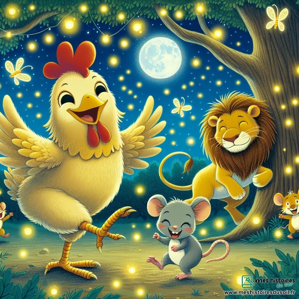 Coquette, une poule aux plumes jaunes et aux yeux malicieux, danse joyeusement sous un ciel étoilé, souriant. Elle est entourée de Léon, un lion aux crins dorés, qui rit en essayant de sauter comme une luciole, et de Mimi, une petite souris grise, qui fait des pirouettes espiègles. En arrière-plan, un grand chêne majestueux est illuminé par des lucioles scintillantes, créant une ambiance magique. La scène montre une fête nocturne pleine de joie où les animaux s’amusent ensemble dans la forêt, célébrant leur amitié sous la lumière de la lune.