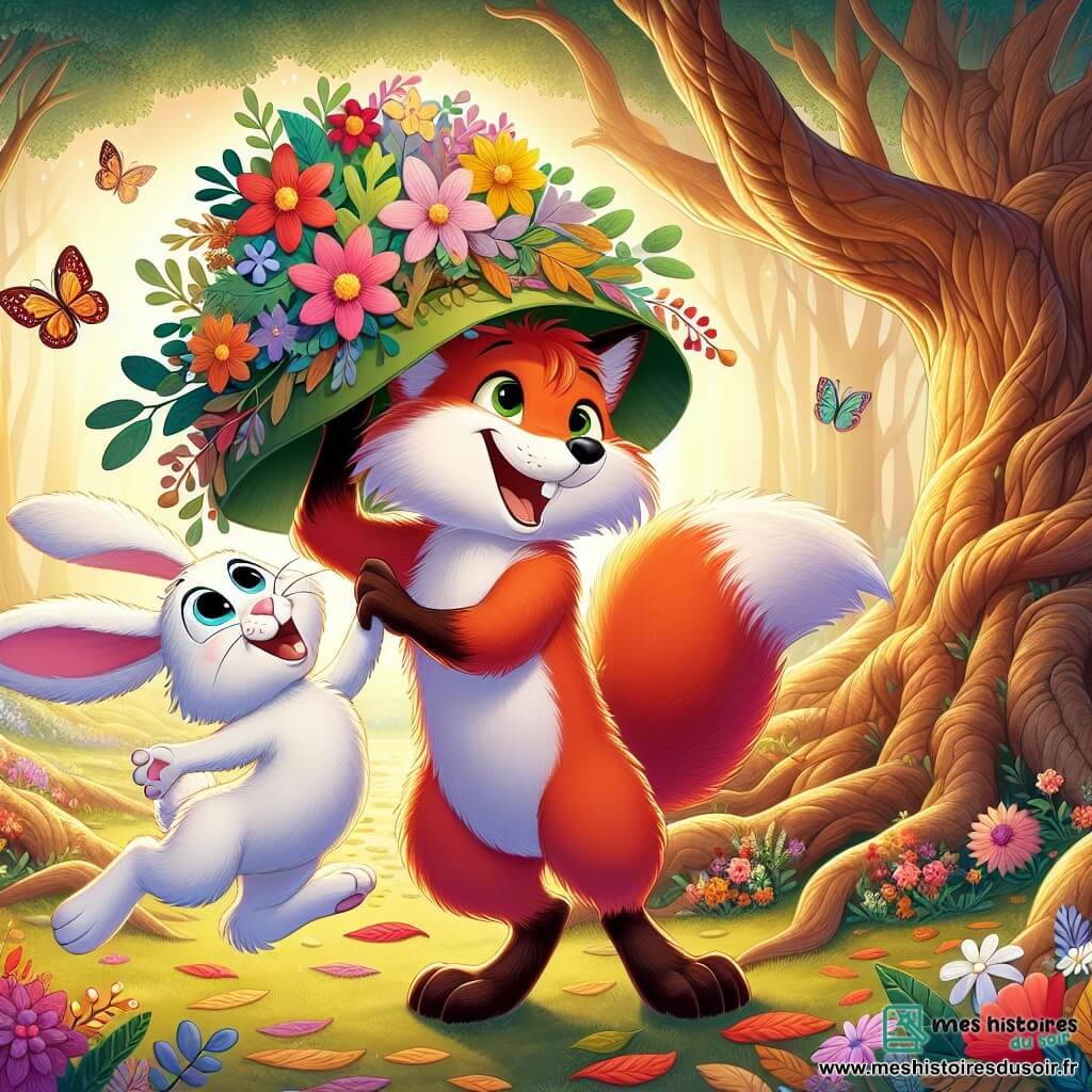 Illustration d'un renard roux espiègle, aux grands yeux malicieux et sourire éclatant, dansant joyeusement autour d'un chêne. À ses côtés, un lapin blanc aux grandes oreilles saute de joie, tenant une branche décorée de fleurs pour le chapeau qu'ils ont créé ensemble. La scène se déroule dans une forêt enchantée, baignée de lumière dorée, avec des arbres majestueux et des fleurs éclatantes. Les deux amis célèbrent leur création en dansant et riant, entourés de papillons colorés.